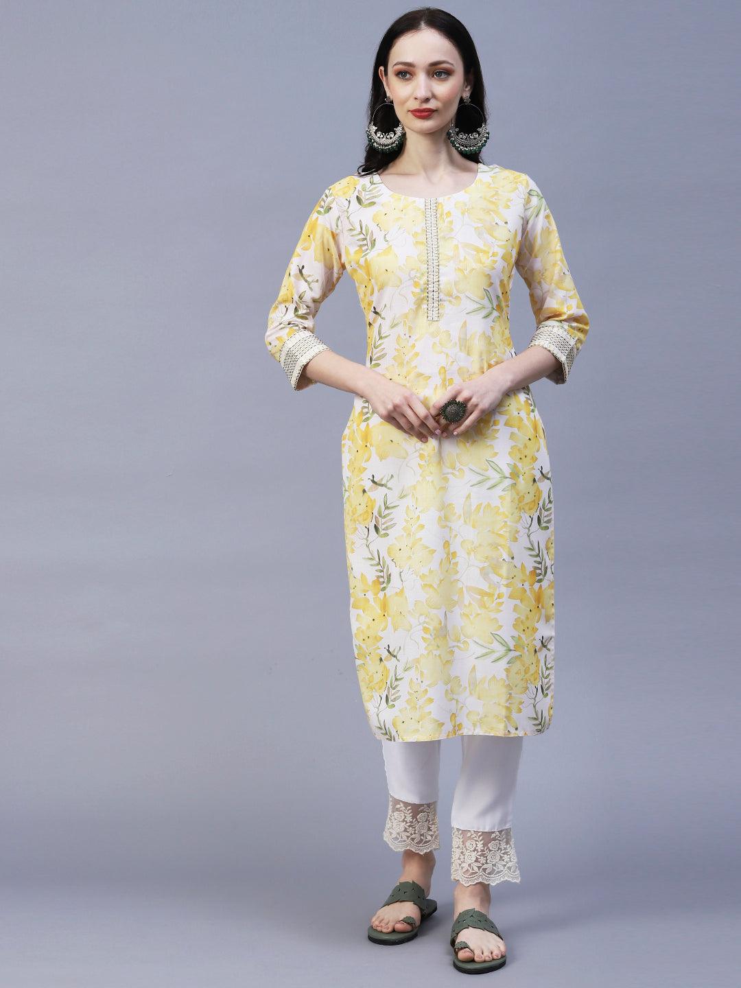 Floral Printed & Embroidered Straight Fit Kurta - Yellow - Indiakreations