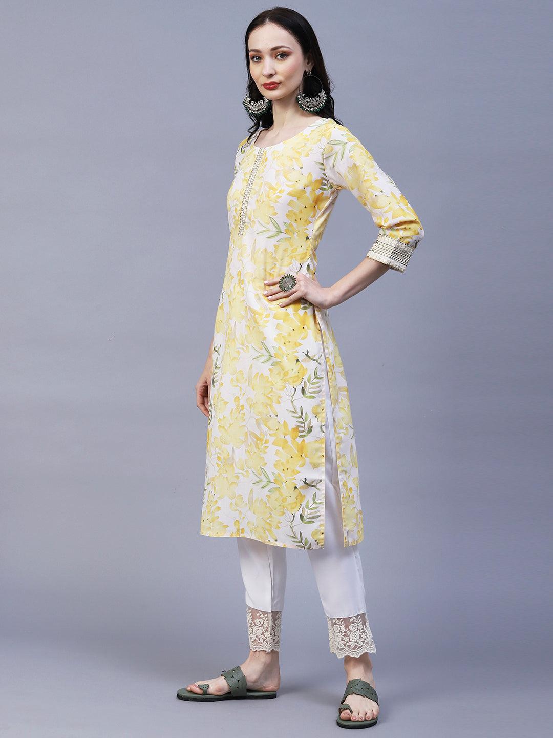 Floral Printed & Embroidered Straight Fit Kurta - Yellow - Indiakreations