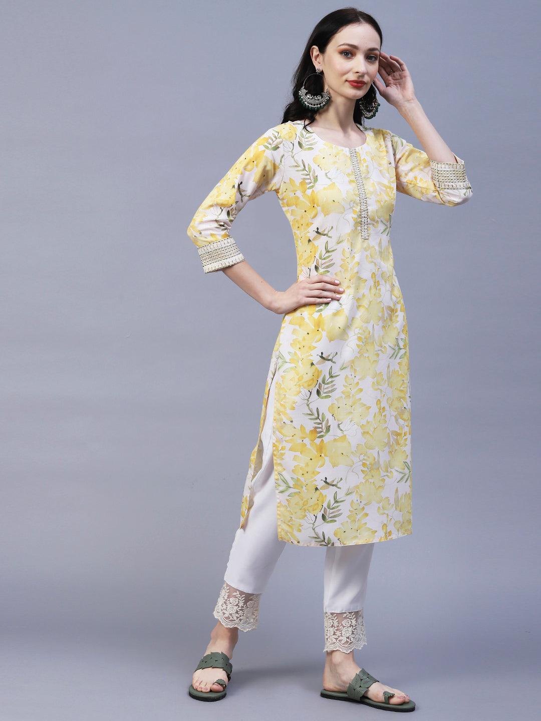 Floral Printed & Embroidered Straight Fit Kurta - Yellow - Indiakreations