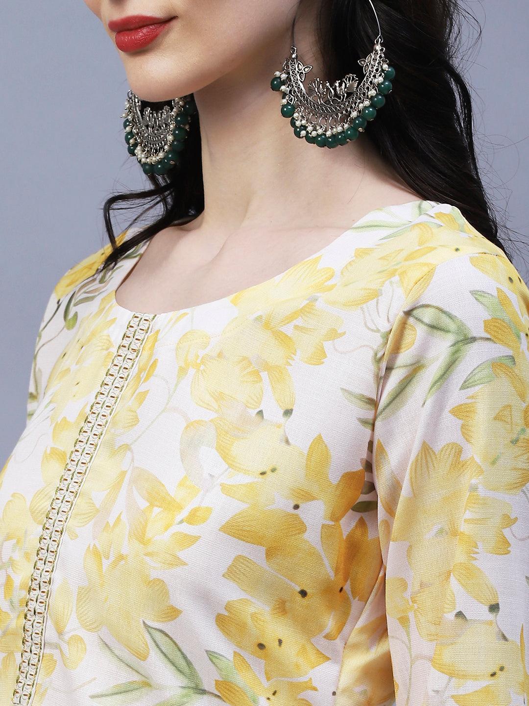 Floral Printed & Embroidered Straight Fit Kurta - Yellow - Indiakreations