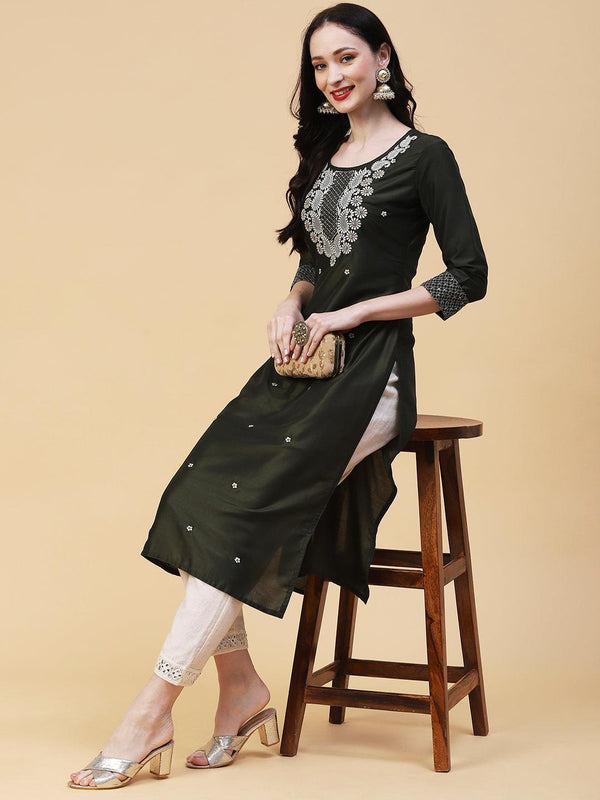 Solid Mirror, Resham & Zari Embroidered Kurta - Dark Green - Indiakreations