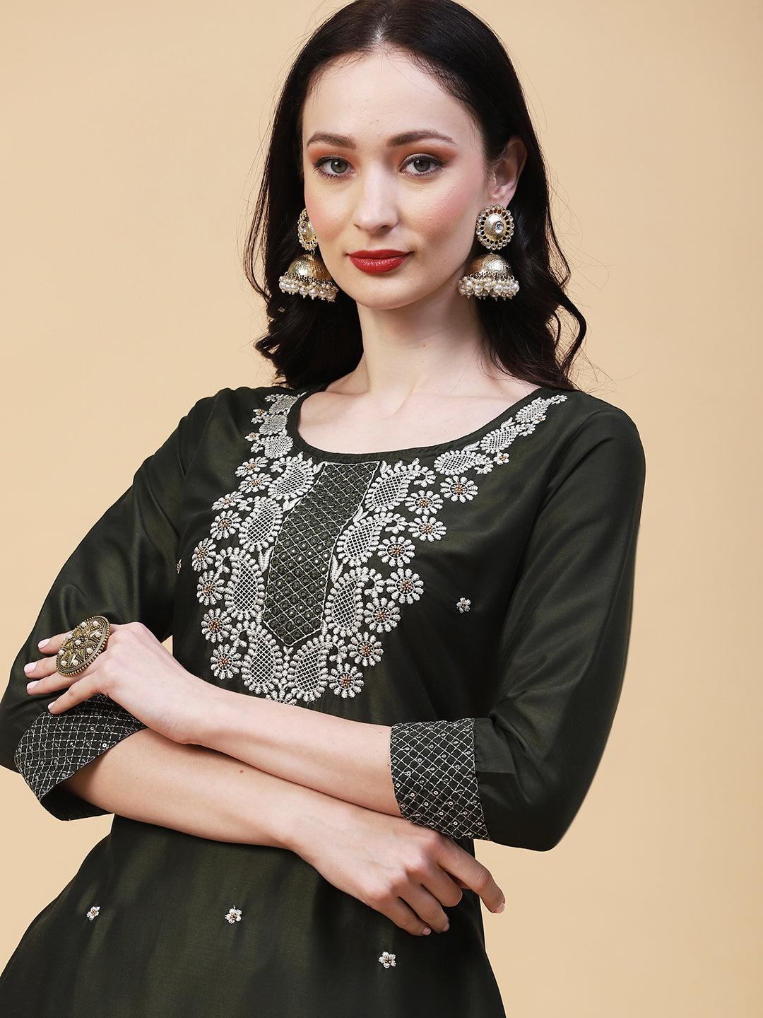 Solid Mirror, Resham & Zari Embroidered Kurta - Dark Green - Indiakreations