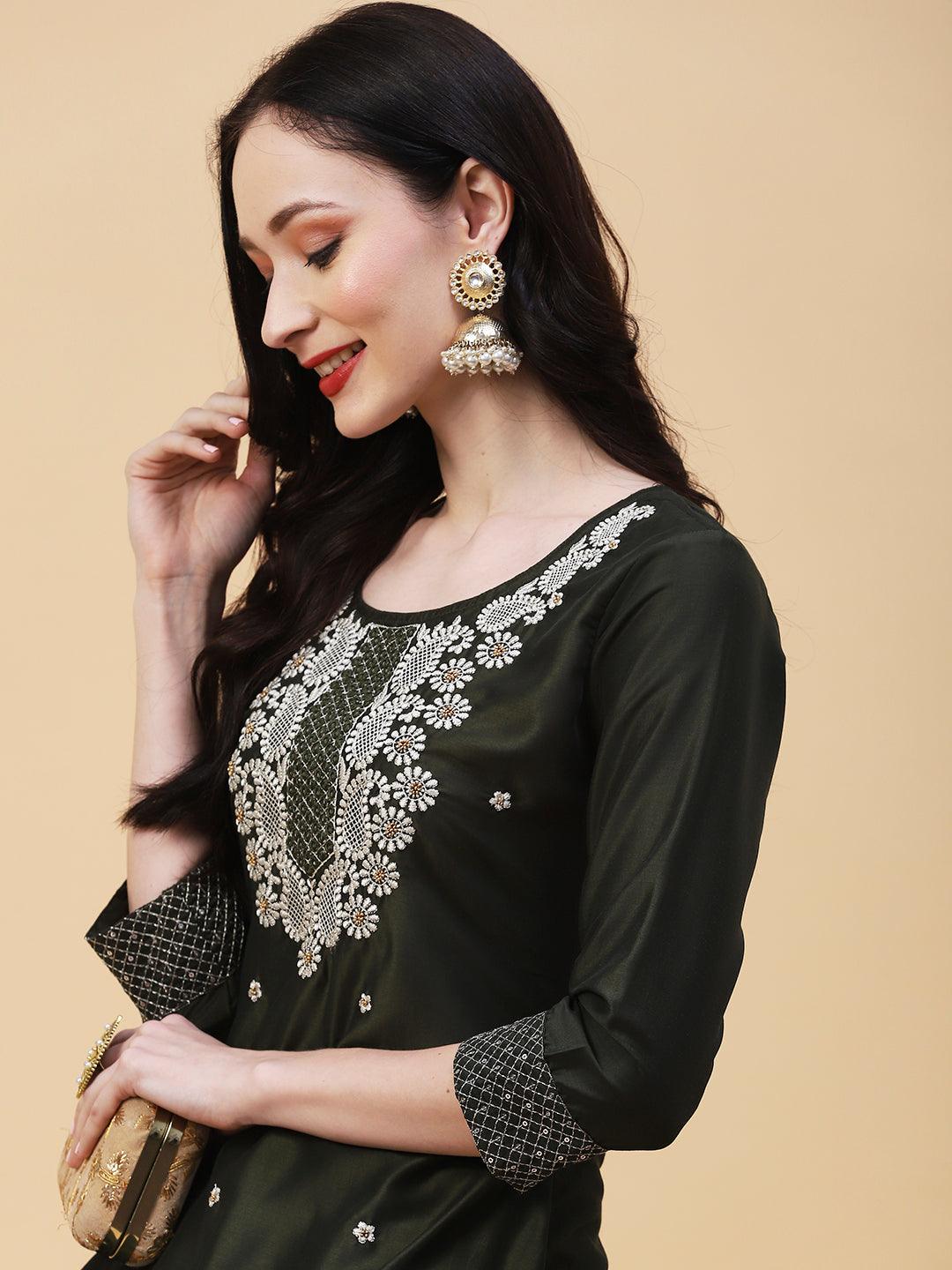 Solid Mirror, Resham & Zari Embroidered Kurta - Dark Green - Indiakreations