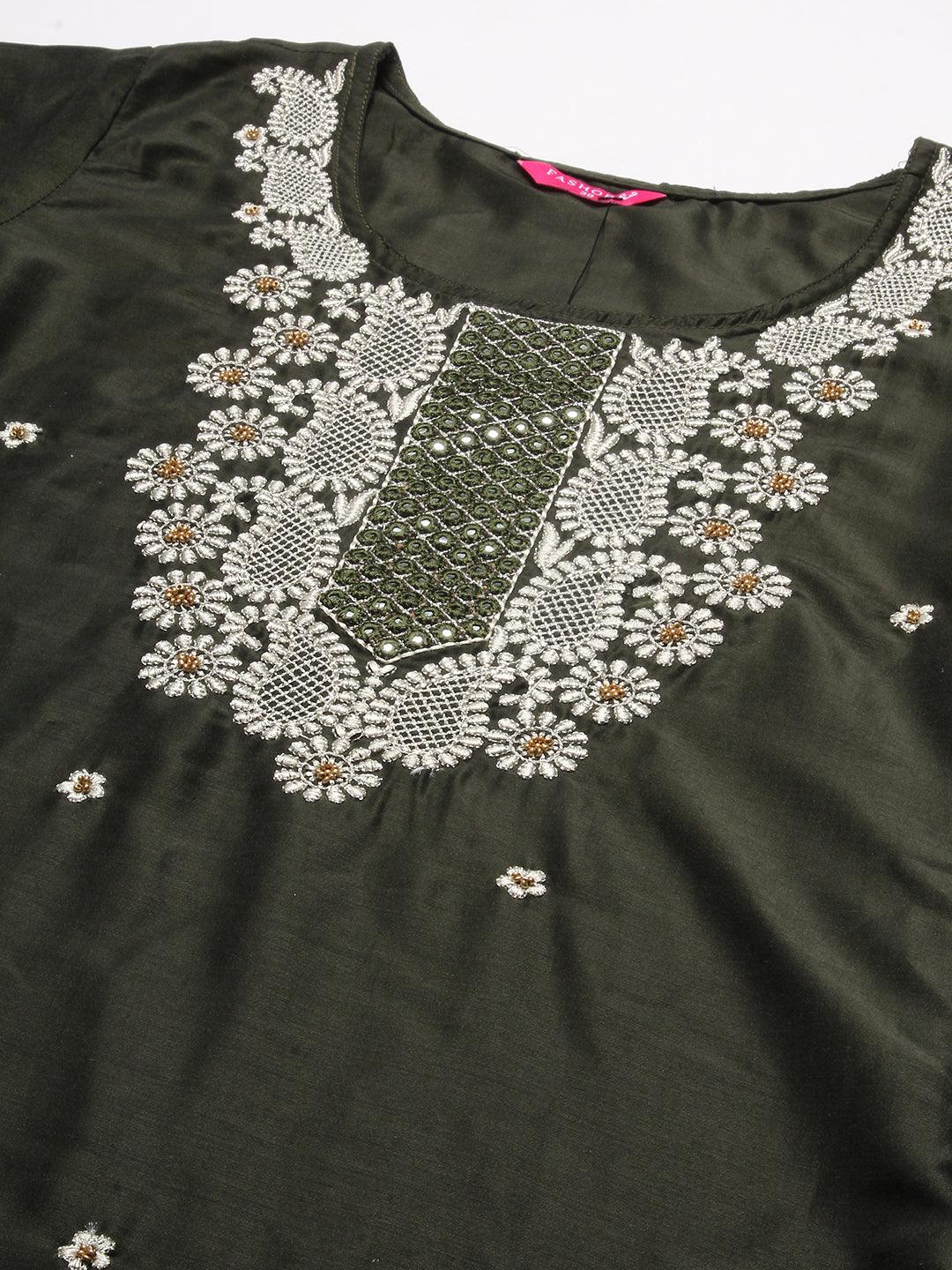 Solid Mirror, Resham & Zari Embroidered Kurta - Dark Green - Indiakreations