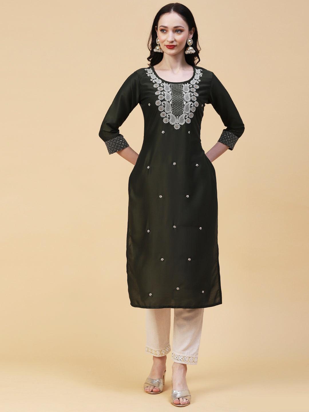 Solid Mirror, Resham & Zari Embroidered Kurta - Dark Green - Indiakreations