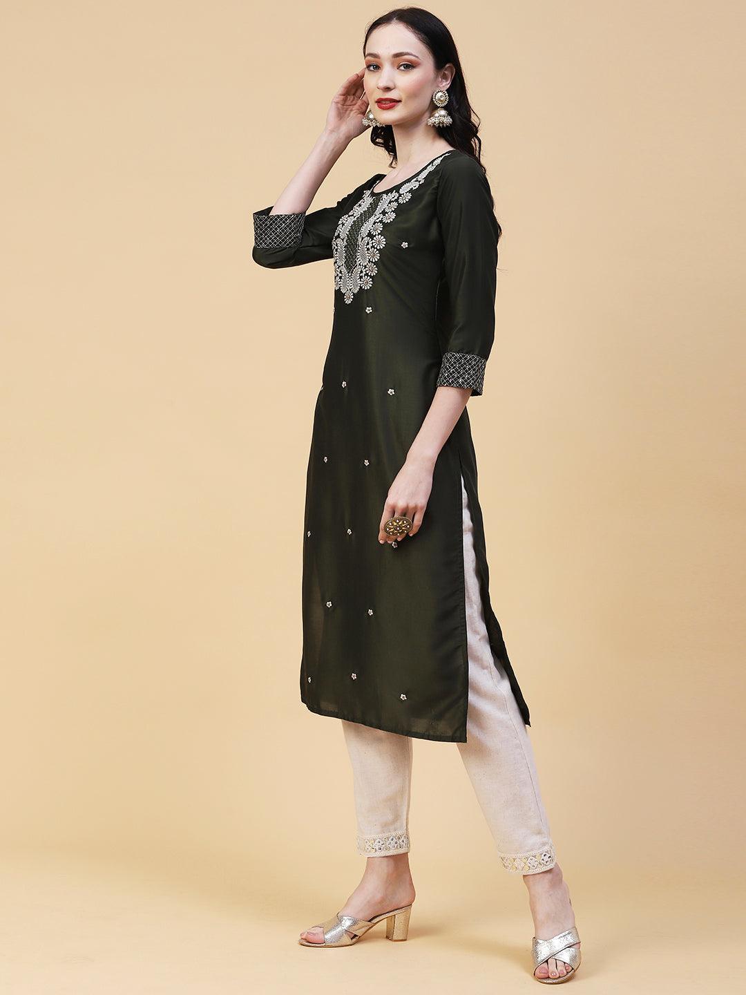 Solid Mirror, Resham & Zari Embroidered Kurta - Dark Green - Indiakreations