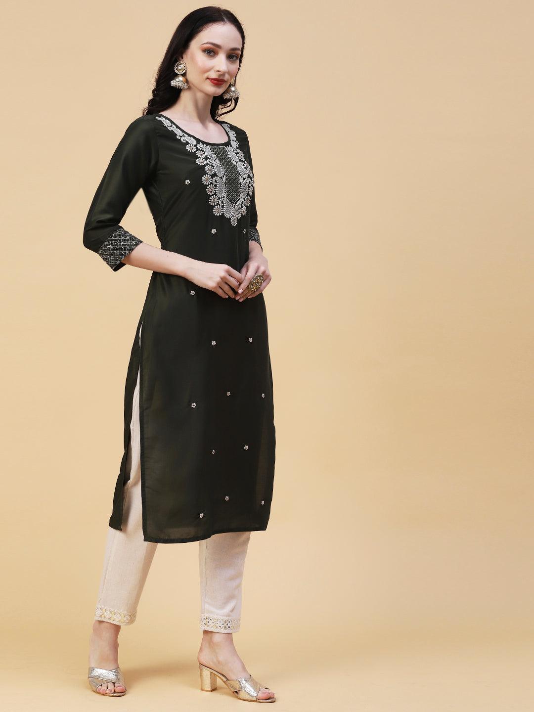 Solid Mirror, Resham & Zari Embroidered Kurta - Dark Green - Indiakreations