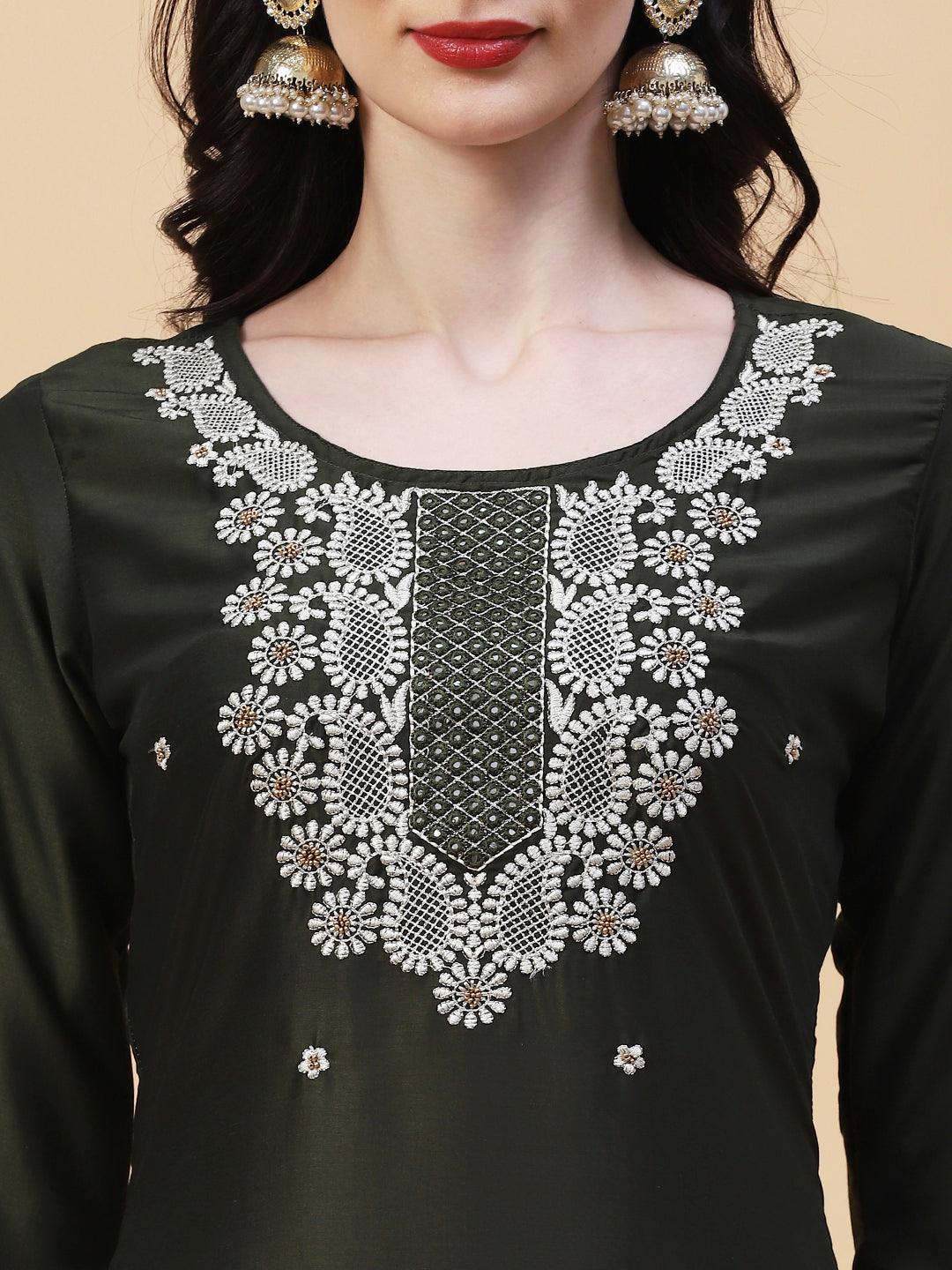 Solid Mirror, Resham & Zari Embroidered Kurta - Dark Green - Indiakreations