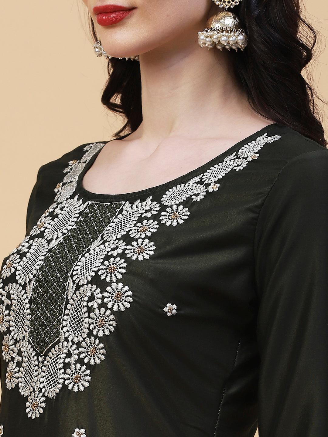 Solid Mirror, Resham & Zari Embroidered Kurta - Dark Green - Indiakreations