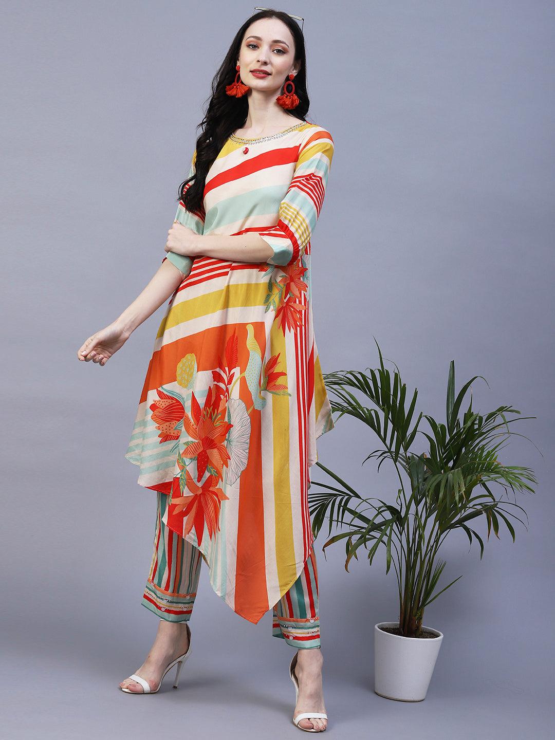 Stripes & Abstract Floral Printed Asymmetric Kurta with Pant - Multi - Indiakreations