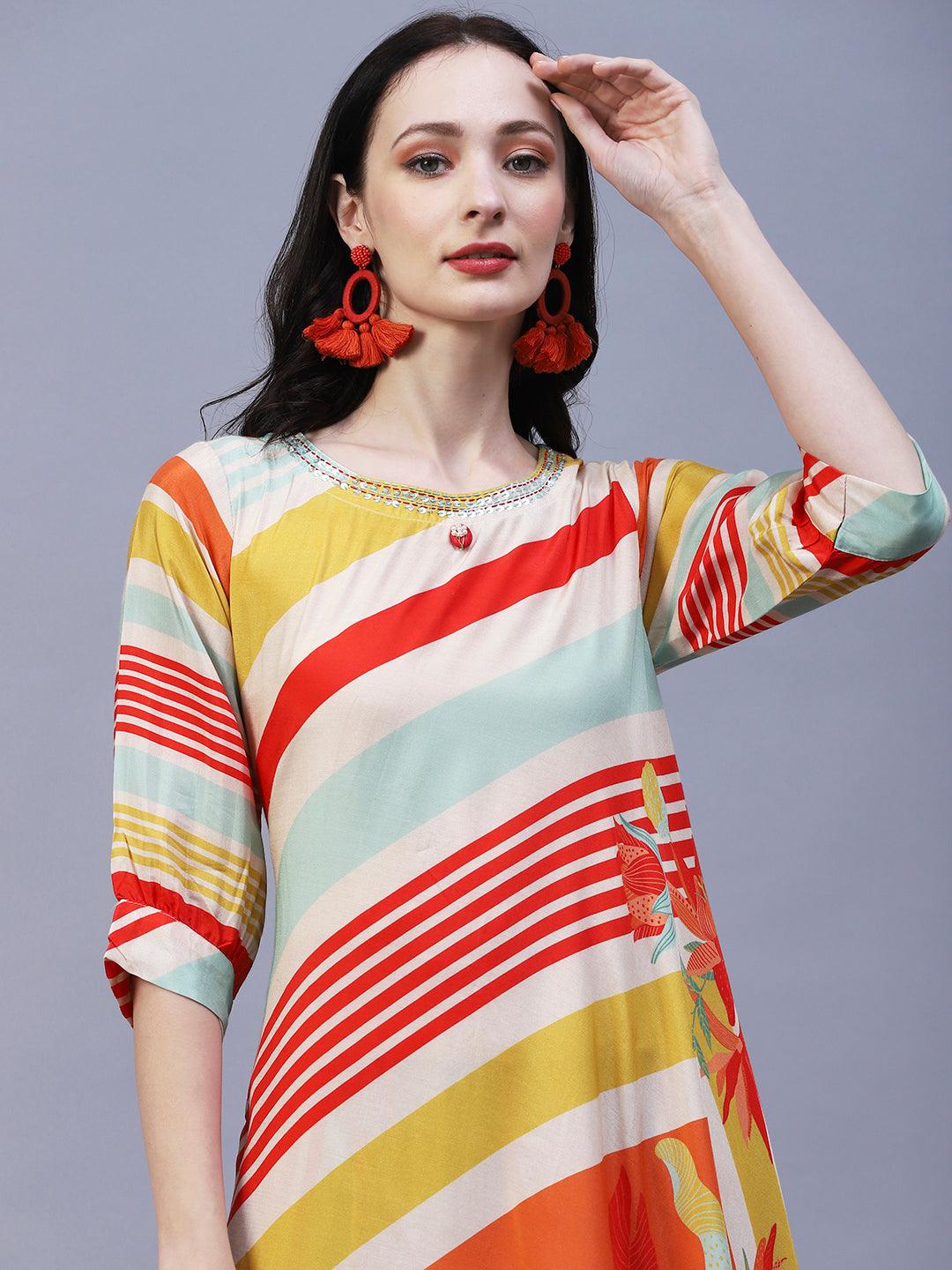 Stripes & Abstract Floral Printed Asymmetric Kurta with Pant - Multi - Indiakreations