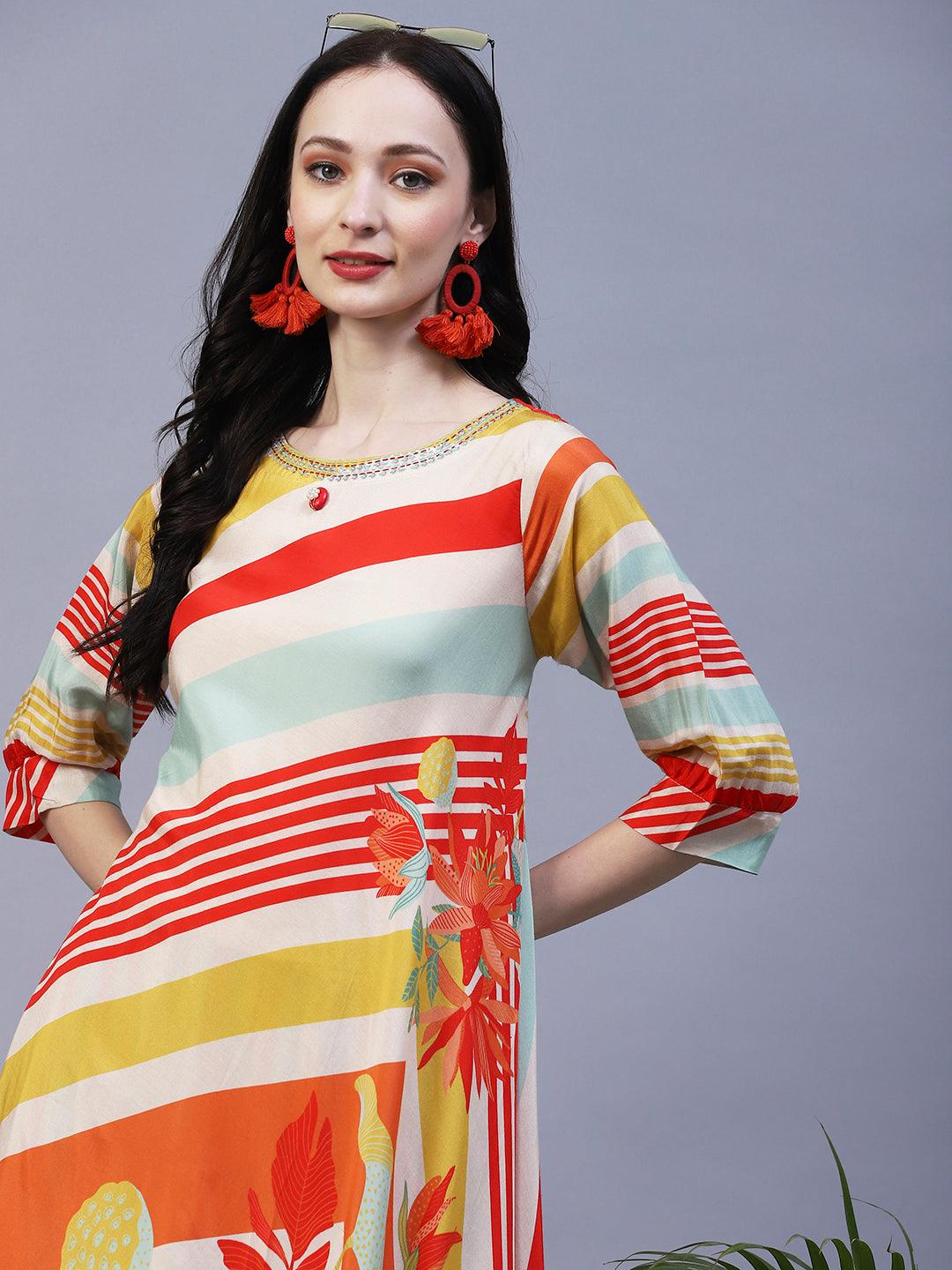 Stripes & Abstract Floral Printed Asymmetric Kurta with Pant - Multi - Indiakreations