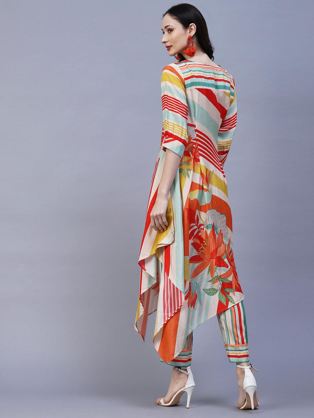 Stripes & Abstract Floral Printed Asymmetric Kurta with Pant - Multi - Indiakreations