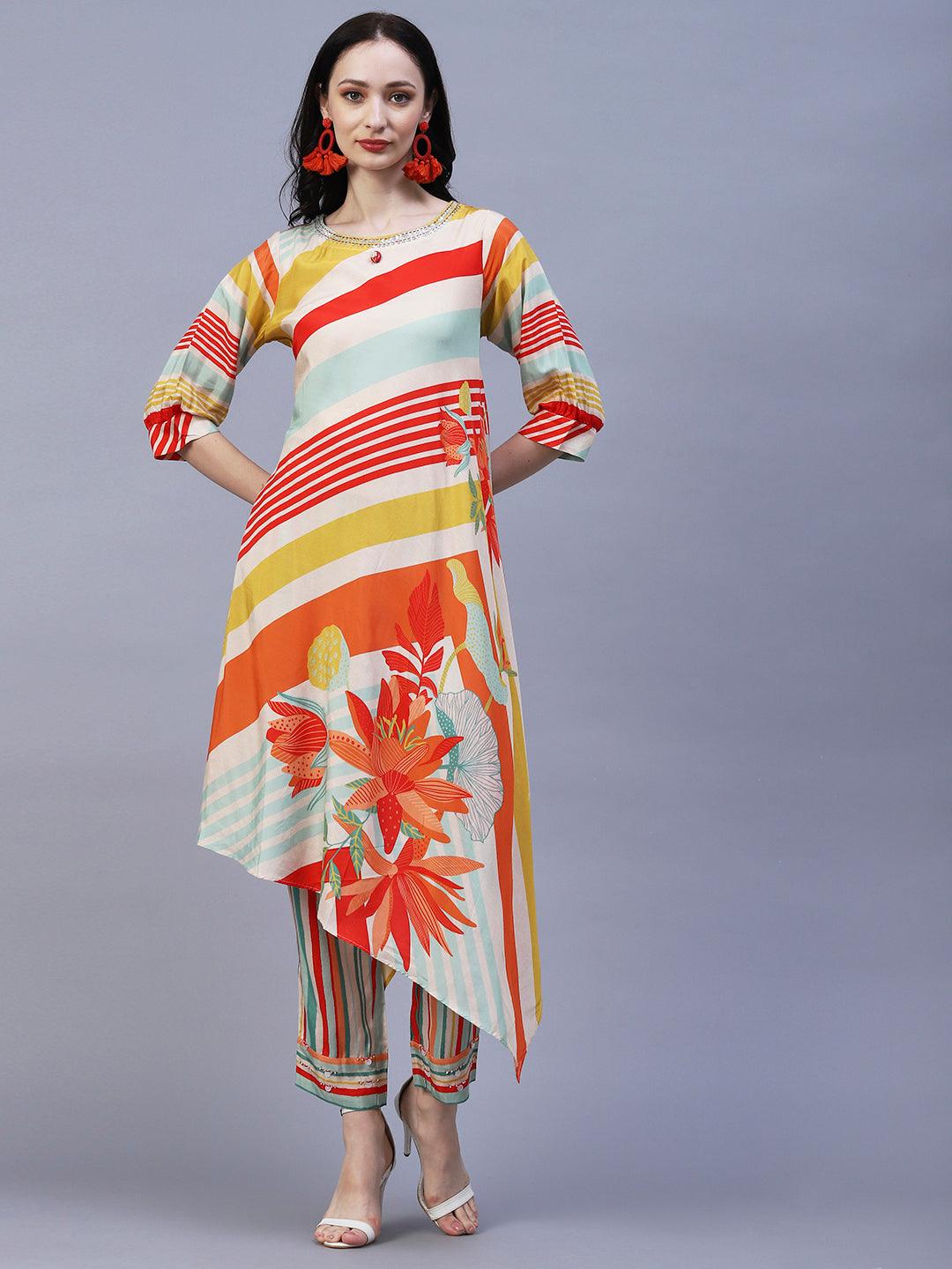 Stripes & Abstract Floral Printed Asymmetric Kurta with Pant - Multi - Indiakreations