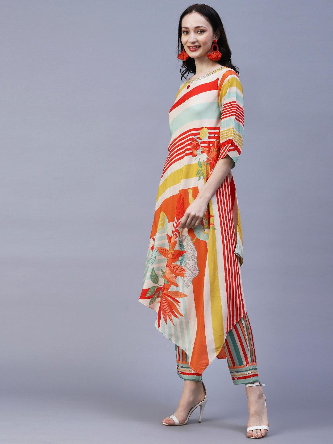 Stripes & Abstract Floral Printed Asymmetric Kurta with Pant - Multi - Indiakreations