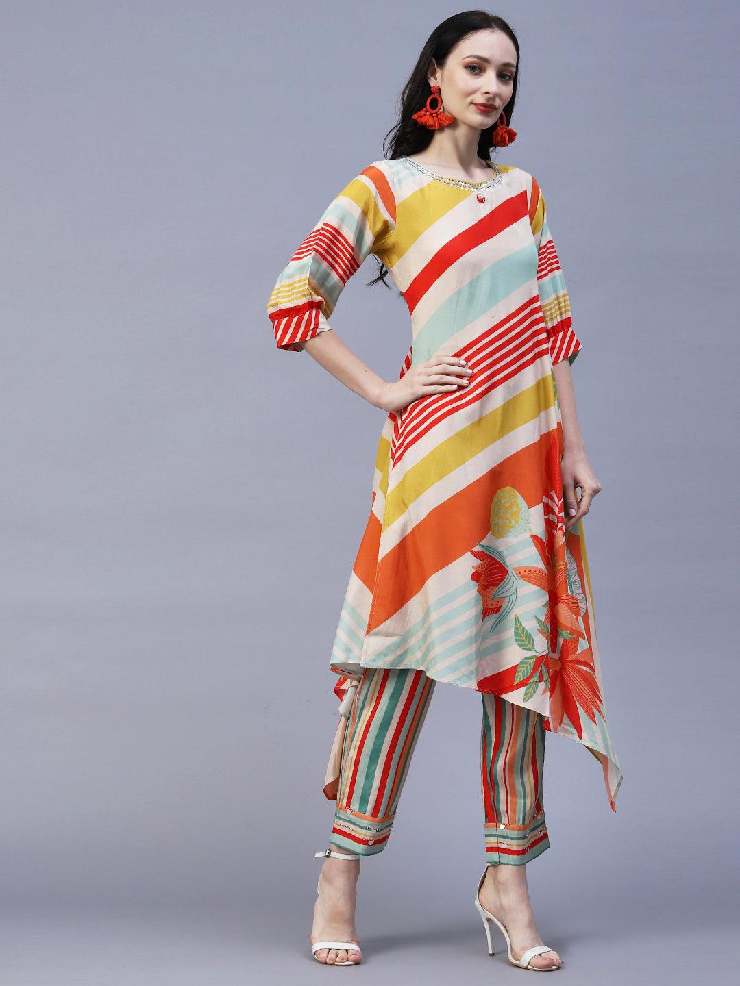 Stripes & Abstract Floral Printed Asymmetric Kurta with Pant - Multi - Indiakreations