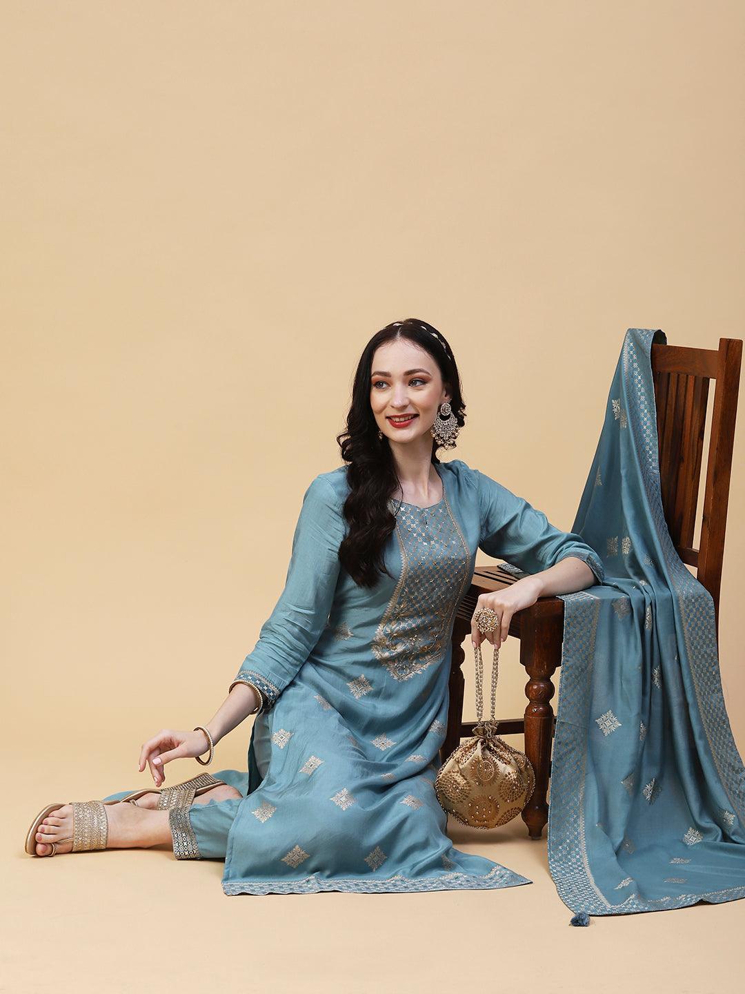 Ethnic Woven & Embroidered Straight Kurta with Pant & Dupatta - Powder Blue - Indiakreations