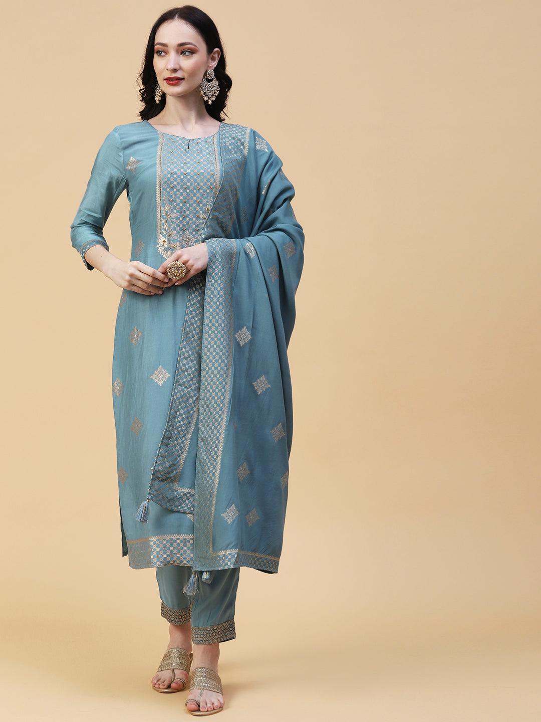 Ethnic Woven & Embroidered Straight Kurta with Pant & Dupatta - Powder Blue - Indiakreations