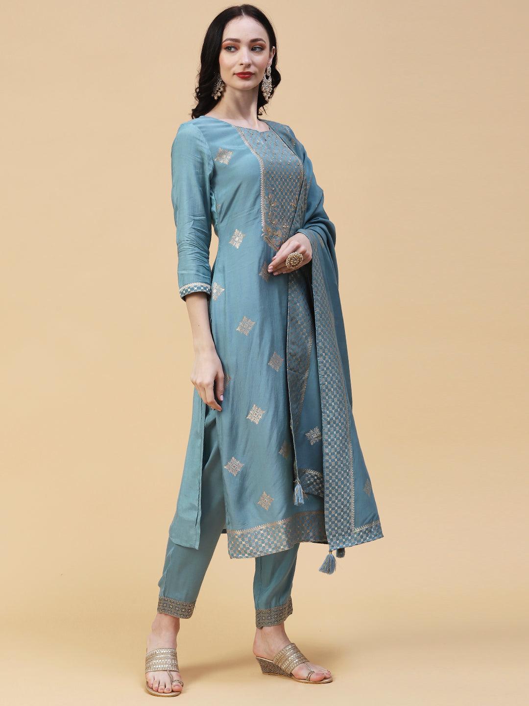 Ethnic Woven & Embroidered Straight Kurta with Pant & Dupatta - Powder Blue - Indiakreations