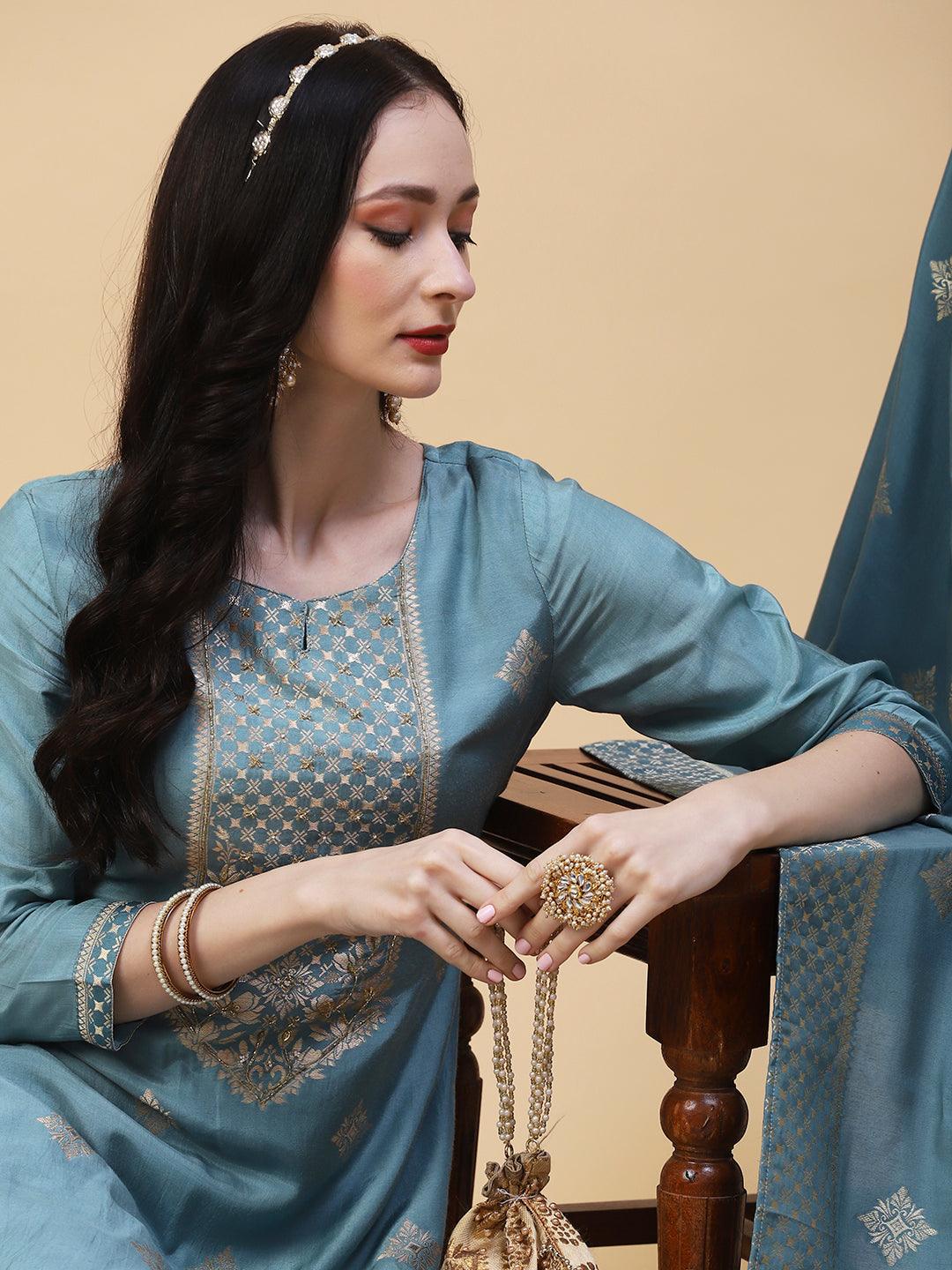 Ethnic Woven & Embroidered Straight Kurta with Pant & Dupatta - Powder Blue - Indiakreations