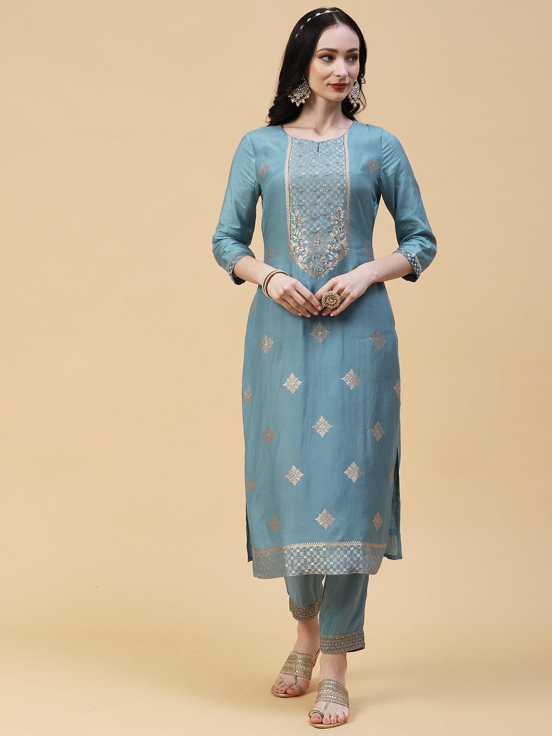 Ethnic Woven & Embroidered Straight Kurta with Pant & Dupatta - Powder Blue - Indiakreations