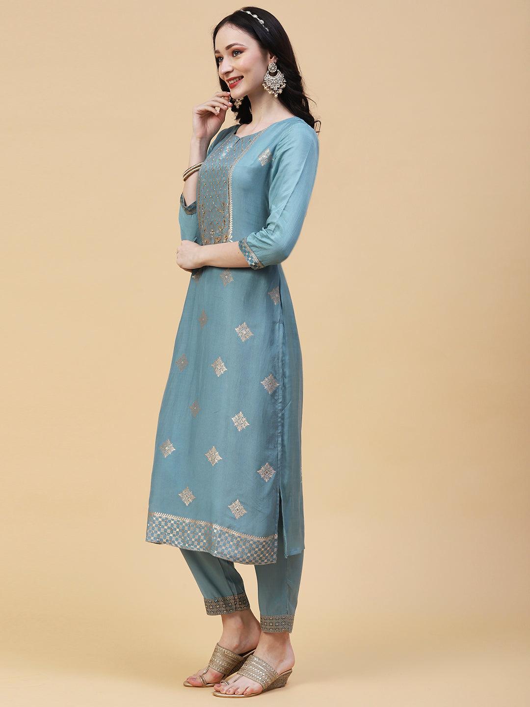 Ethnic Woven & Embroidered Straight Kurta with Pant & Dupatta - Powder Blue - Indiakreations