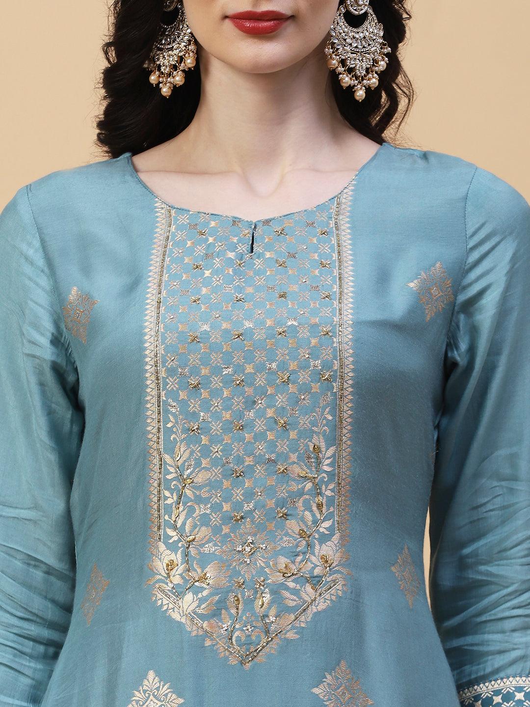 Ethnic Woven & Embroidered Straight Kurta with Pant & Dupatta - Powder Blue - Indiakreations