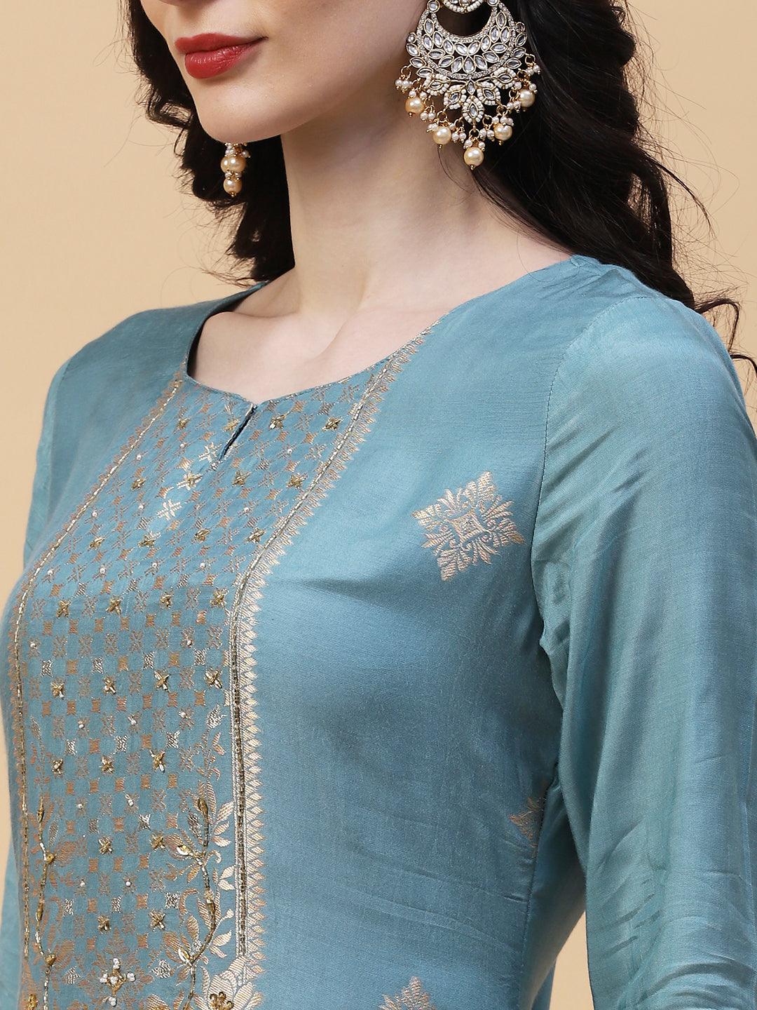 Ethnic Woven & Embroidered Straight Kurta with Pant & Dupatta - Powder Blue - Indiakreations