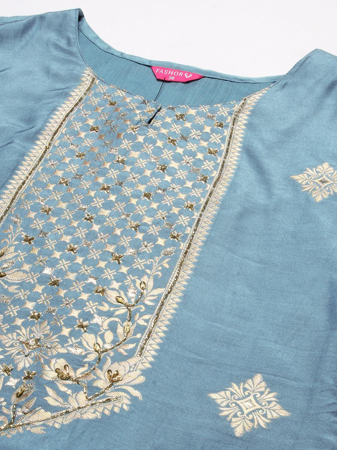 Ethnic Woven & Embroidered Straight Kurta with Pant & Dupatta - Powder Blue - Indiakreations