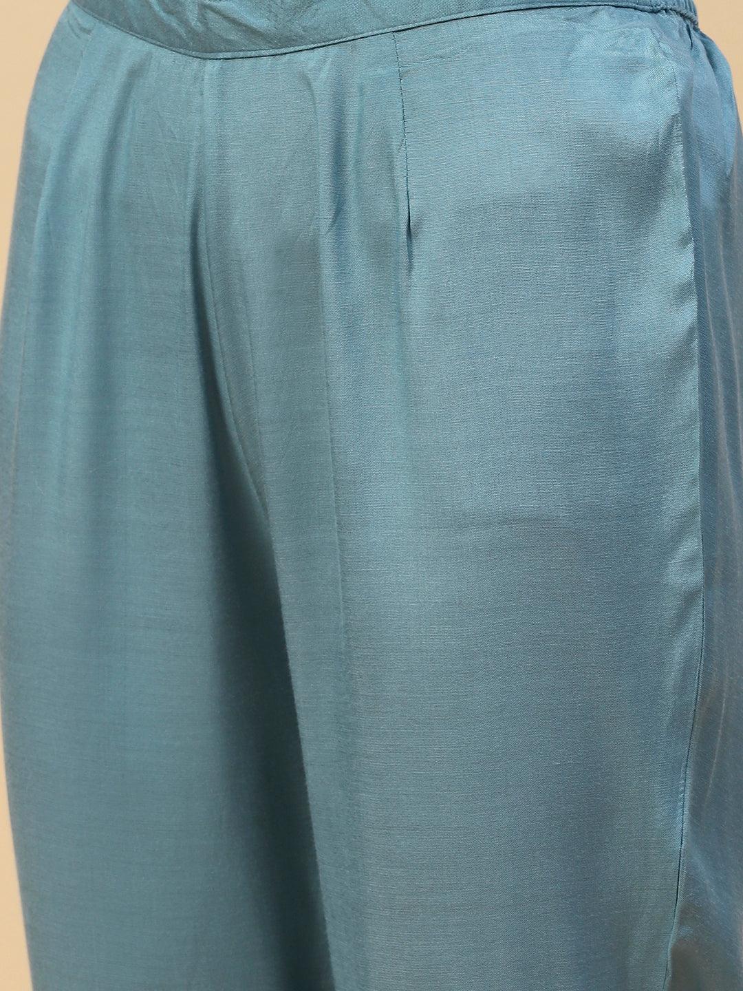 Ethnic Woven & Embroidered Straight Kurta with Pant & Dupatta - Powder Blue - Indiakreations