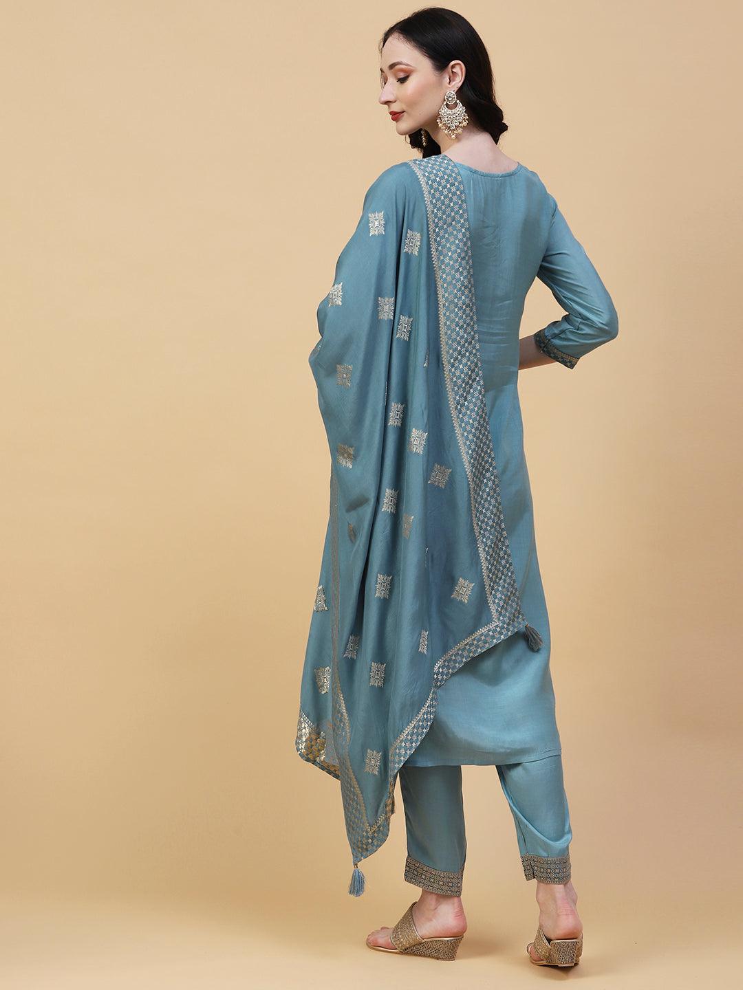 Ethnic Woven & Embroidered Straight Kurta with Pant & Dupatta - Powder Blue - Indiakreations