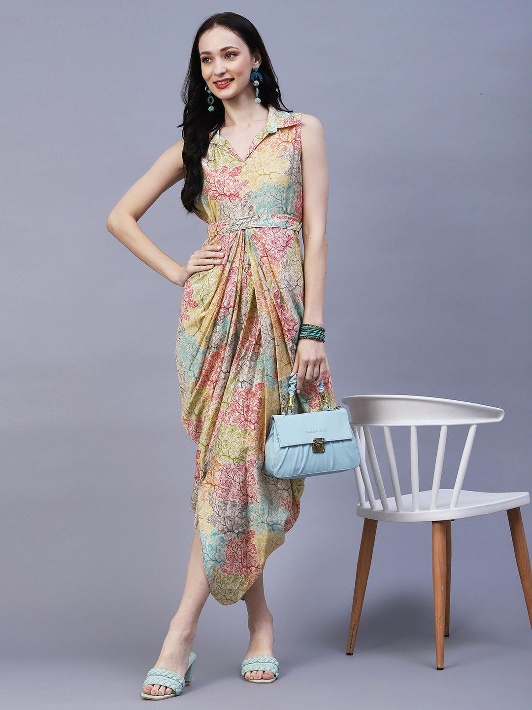 Floral Printed Pleated Draped Asymmetric Dress With Waist Belt - Multi - Indiakreations