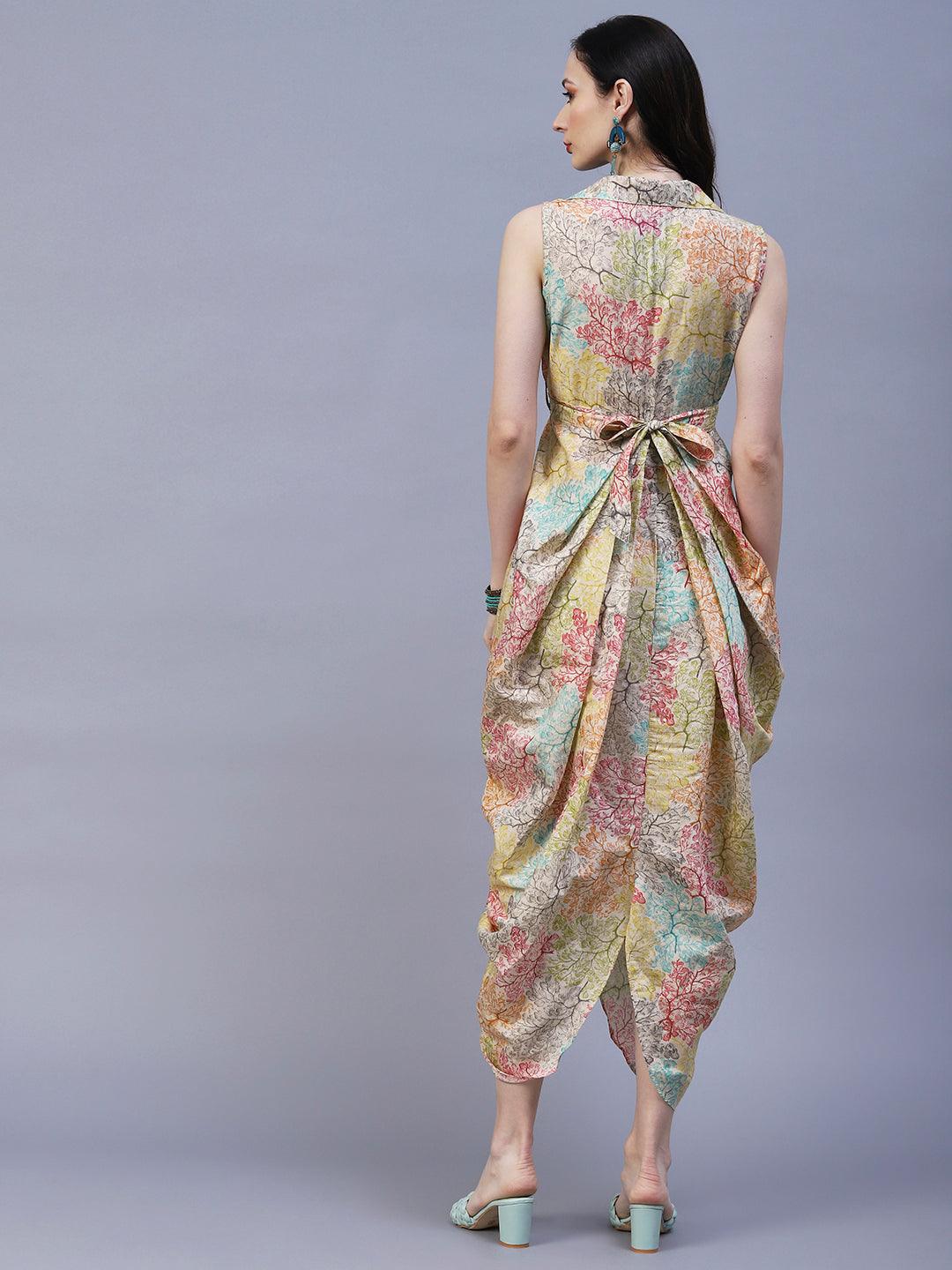 Floral Printed Pleated Draped Asymmetric Dress With Waist Belt - Multi - Indiakreations