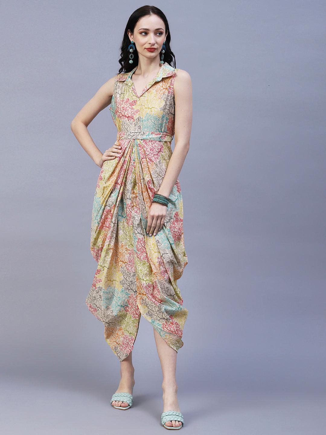 Floral Printed Pleated Draped Asymmetric Dress With Waist Belt - Multi - Indiakreations