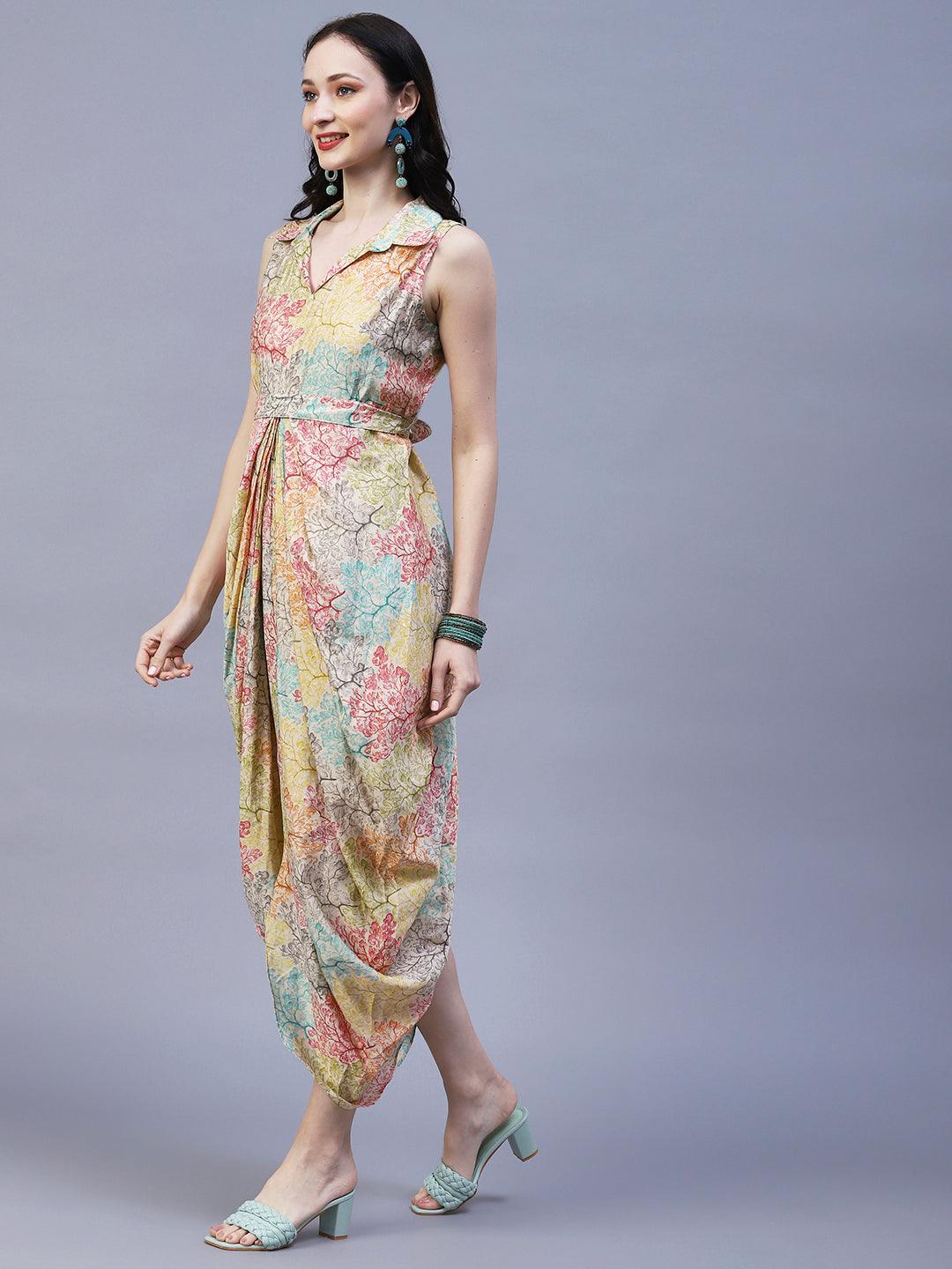 Floral Printed Pleated Draped Asymmetric Dress With Waist Belt - Multi - Indiakreations