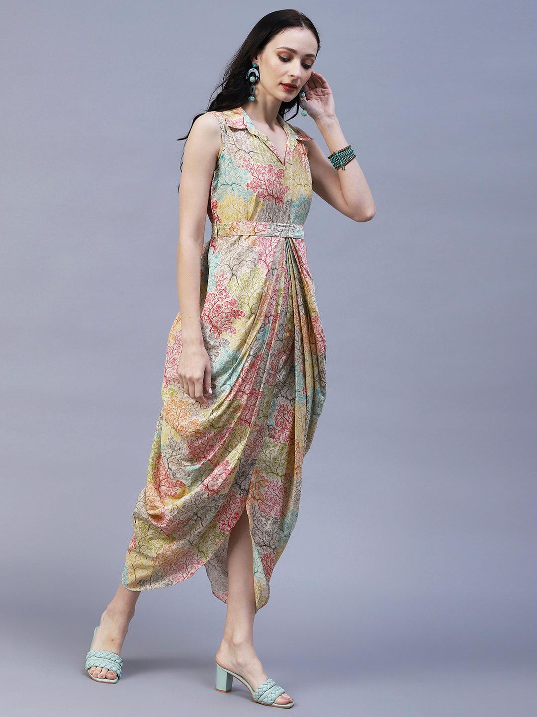 Floral Printed Pleated Draped Asymmetric Dress With Waist Belt - Multi - Indiakreations