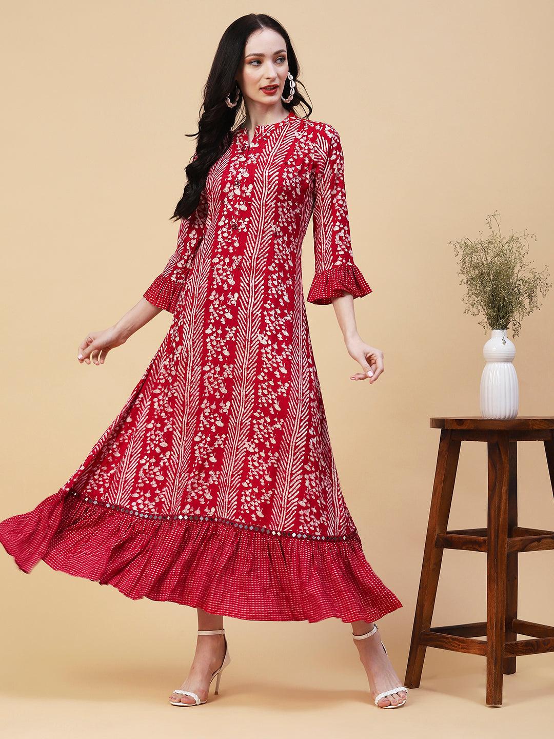 Abstract Printed Mirror Embroidered A-line Frilled Dress - Red - Indiakreations