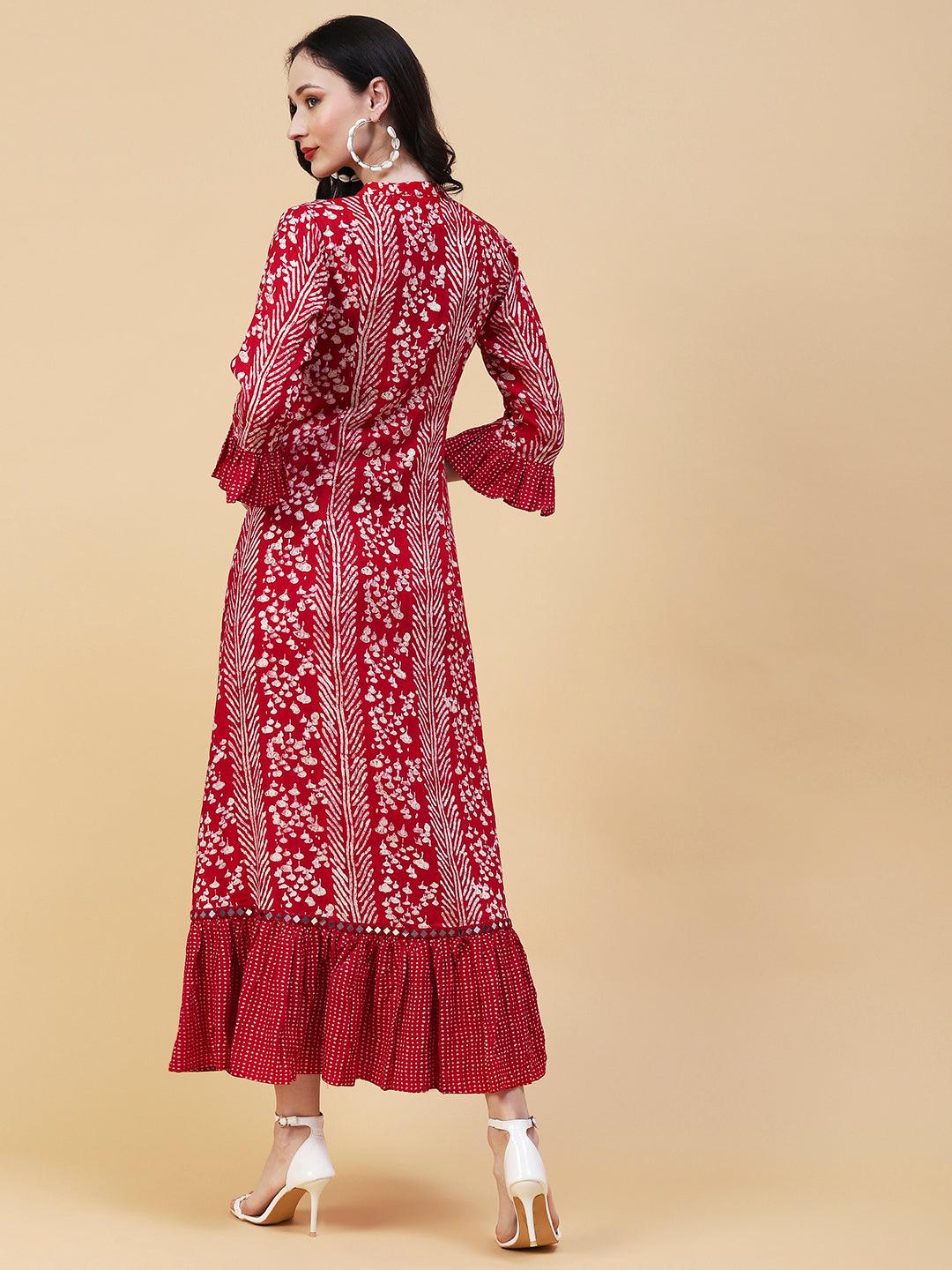 Abstract Printed Mirror Embroidered A-line Frilled Dress - Red - Indiakreations