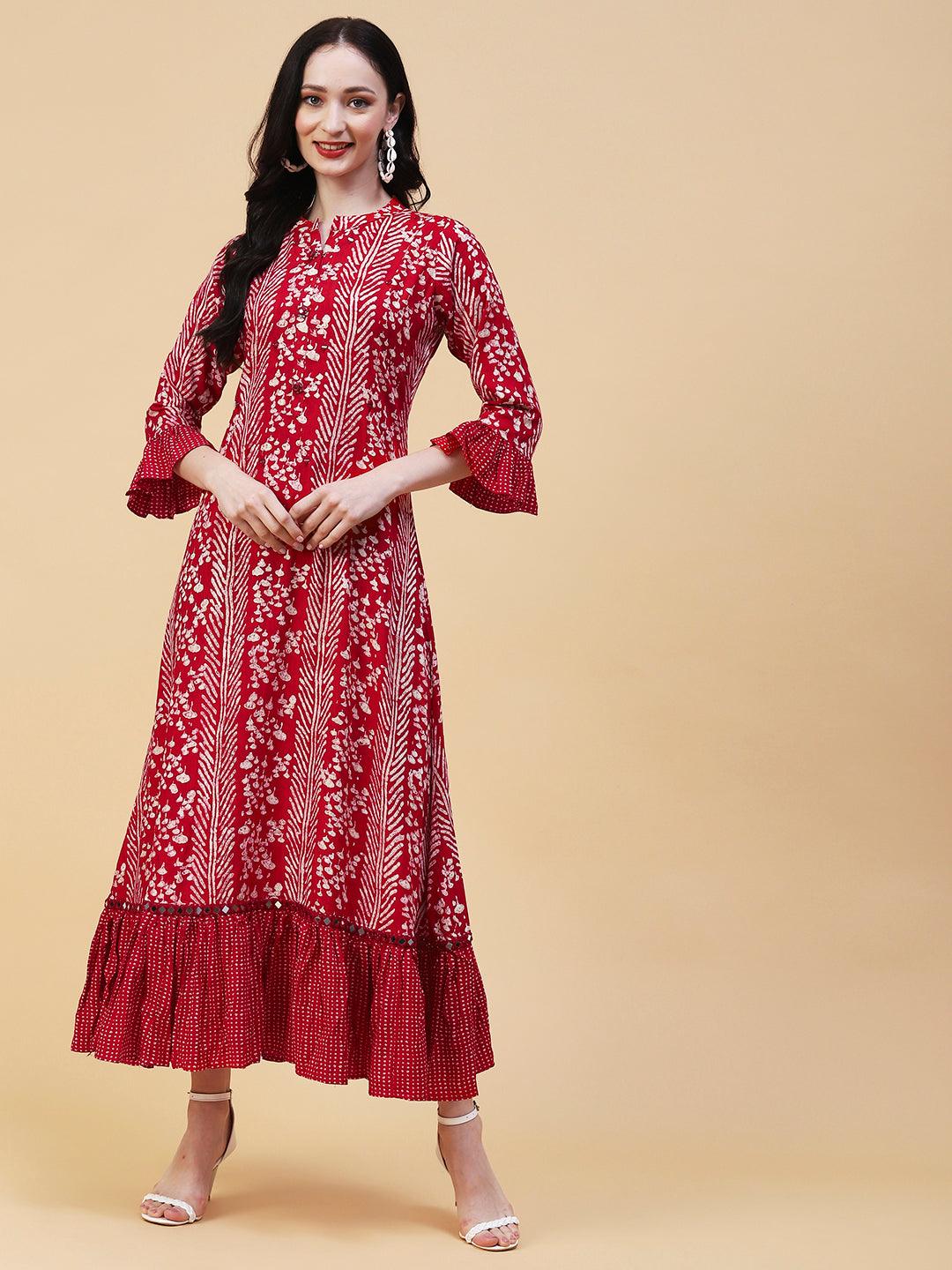 Abstract Printed Mirror Embroidered A-line Frilled Dress - Red - Indiakreations