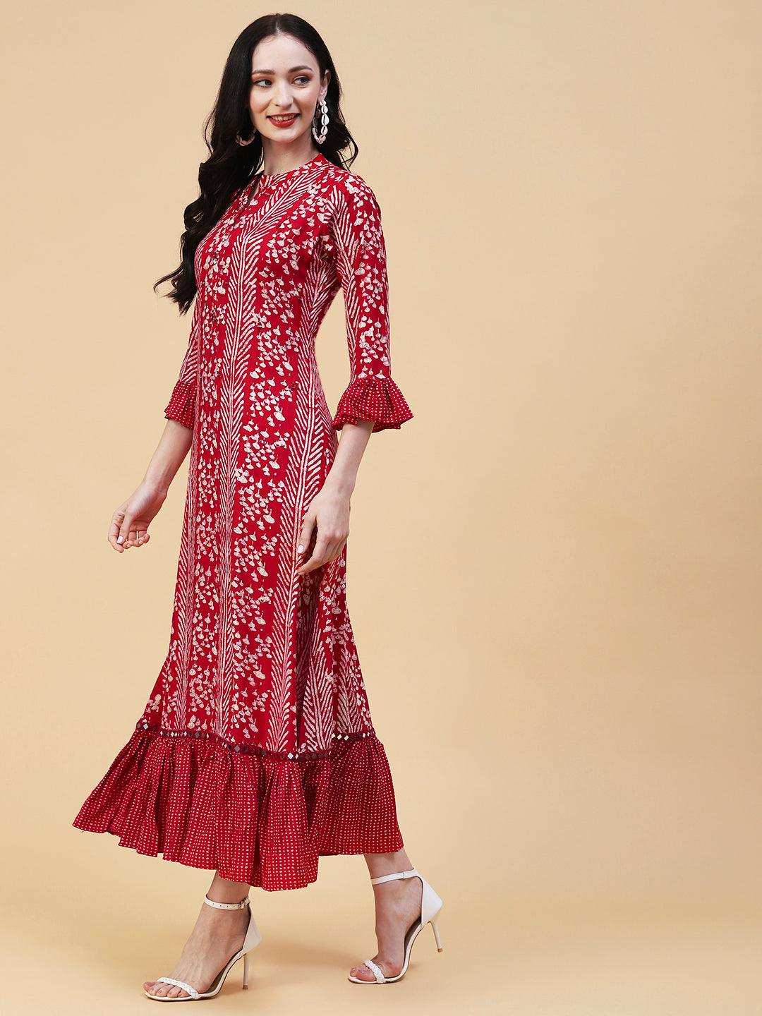 Abstract Printed Mirror Embroidered A-line Frilled Dress - Red - Indiakreations