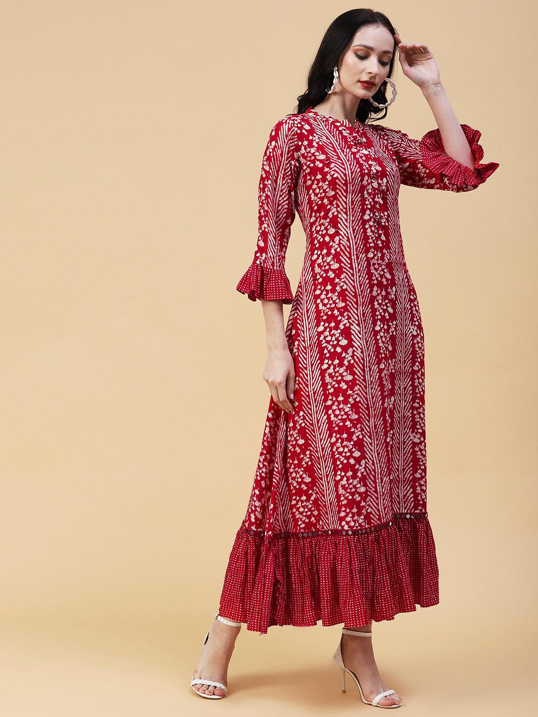 Abstract Printed Mirror Embroidered A-line Frilled Dress - Red - Indiakreations