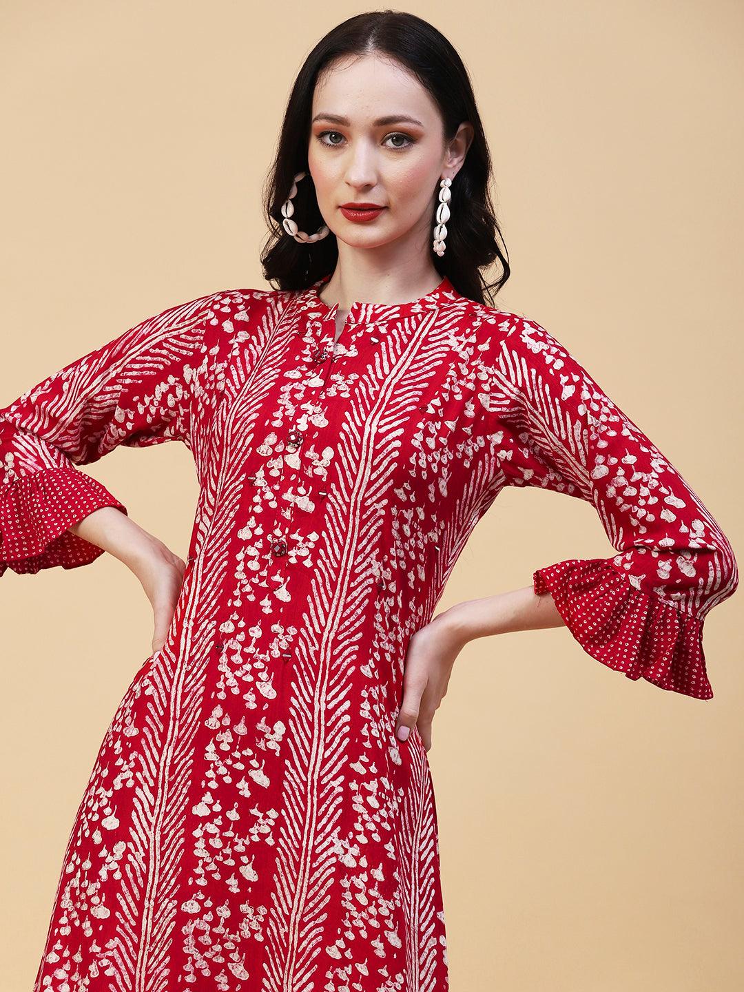 Abstract Printed Mirror Embroidered A-line Frilled Dress - Red - Indiakreations