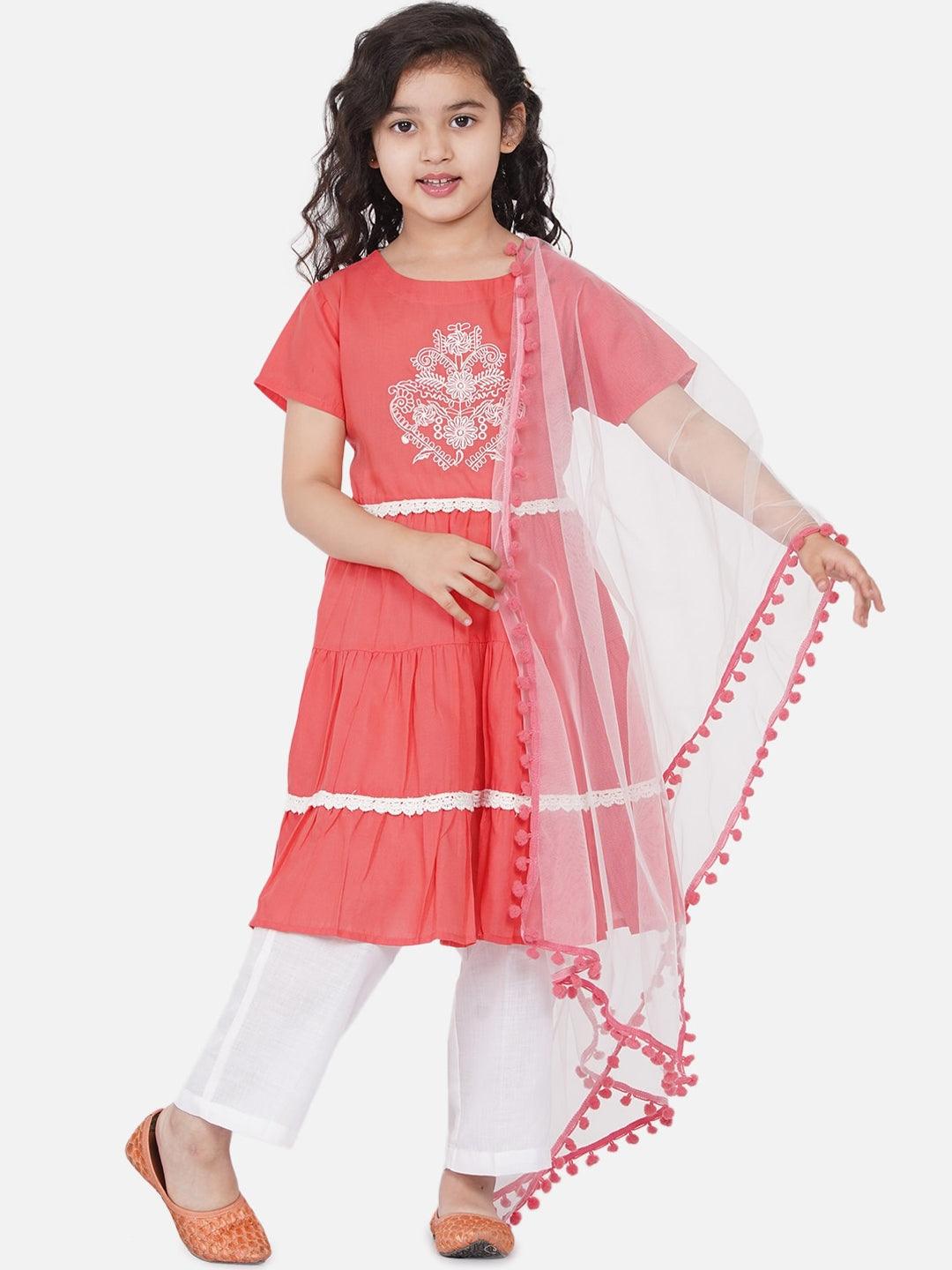 Girl's Peach-Coloured Embroidered Kurta with Dhoti Pants & With Dupatta - NOZ2TOZ KIDS - Indiakreations