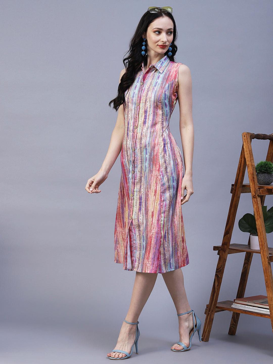 Abstract Stripes Printed A-Line Midi Dress - Multi - Indiakreations