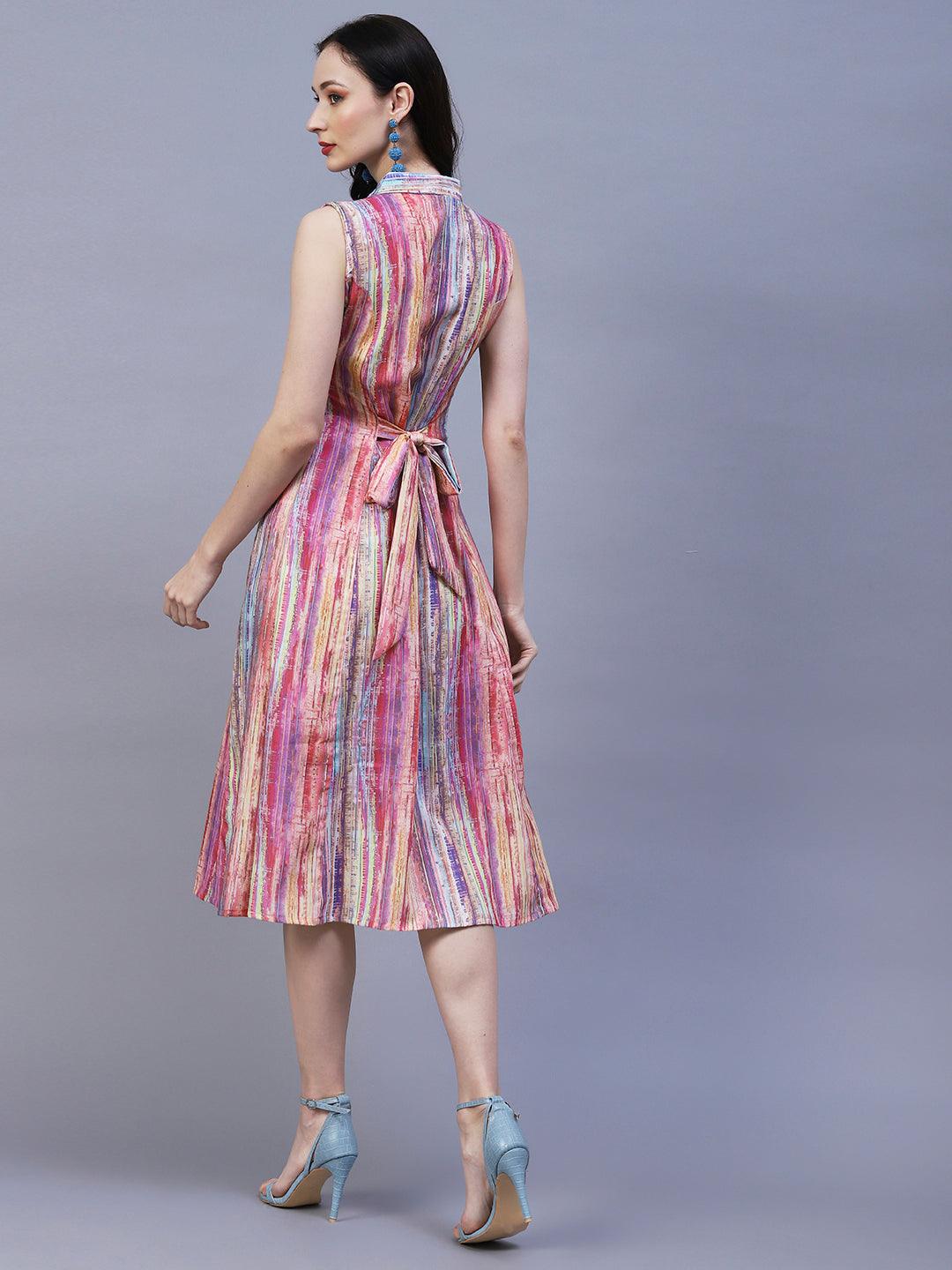 Abstract Stripes Printed A-Line Midi Dress - Multi - Indiakreations