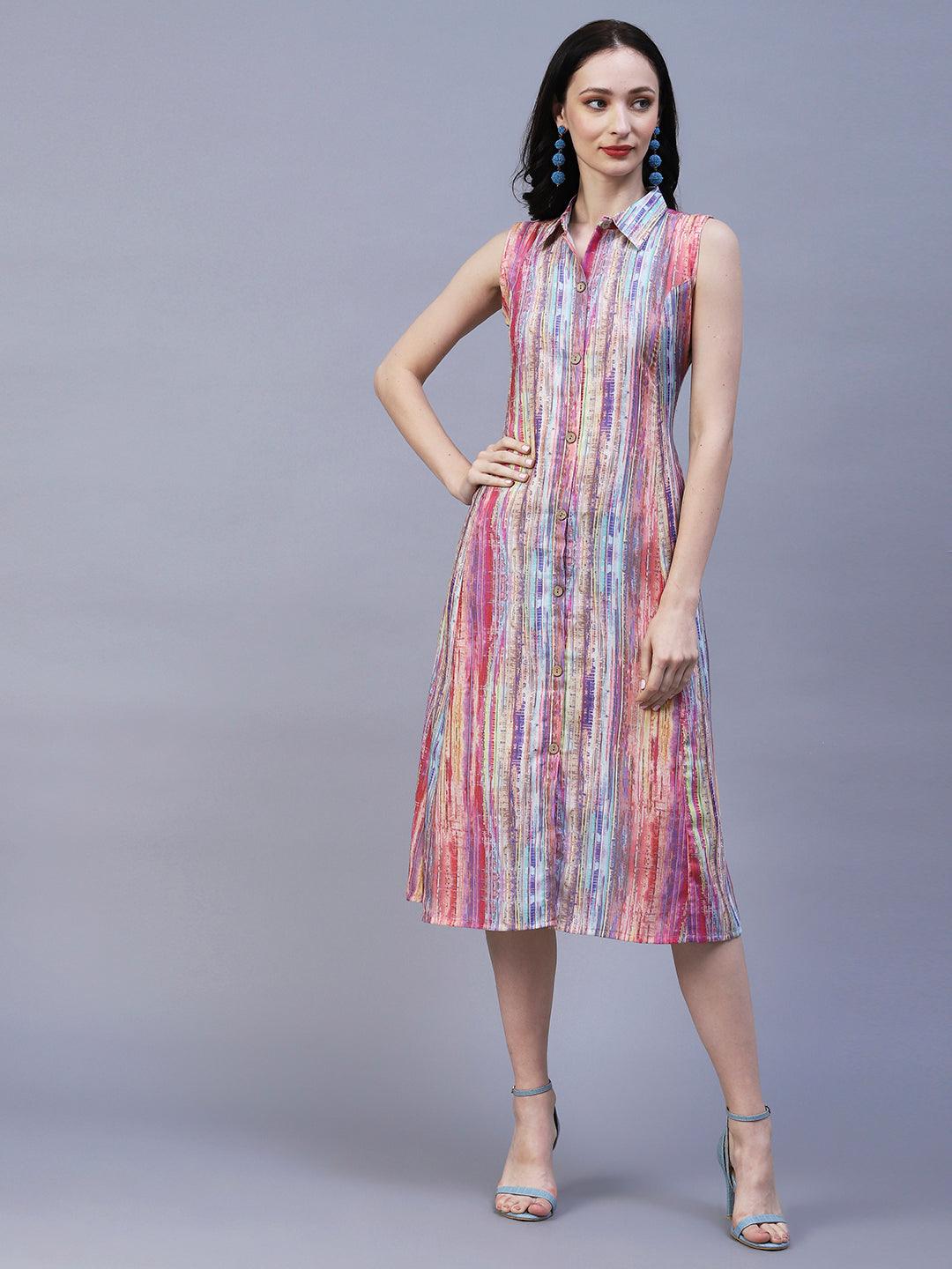 Abstract Stripes Printed A-Line Midi Dress - Multi - Indiakreations