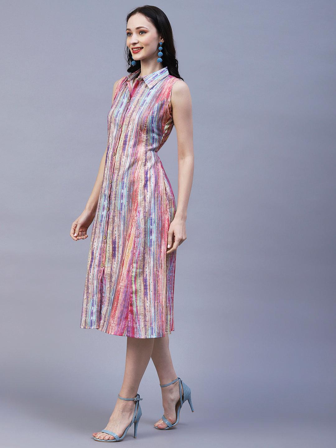 Abstract Stripes Printed A-Line Midi Dress - Multi - Indiakreations