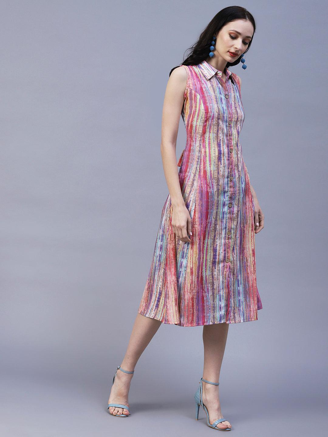 Abstract Stripes Printed A-Line Midi Dress - Multi - Indiakreations