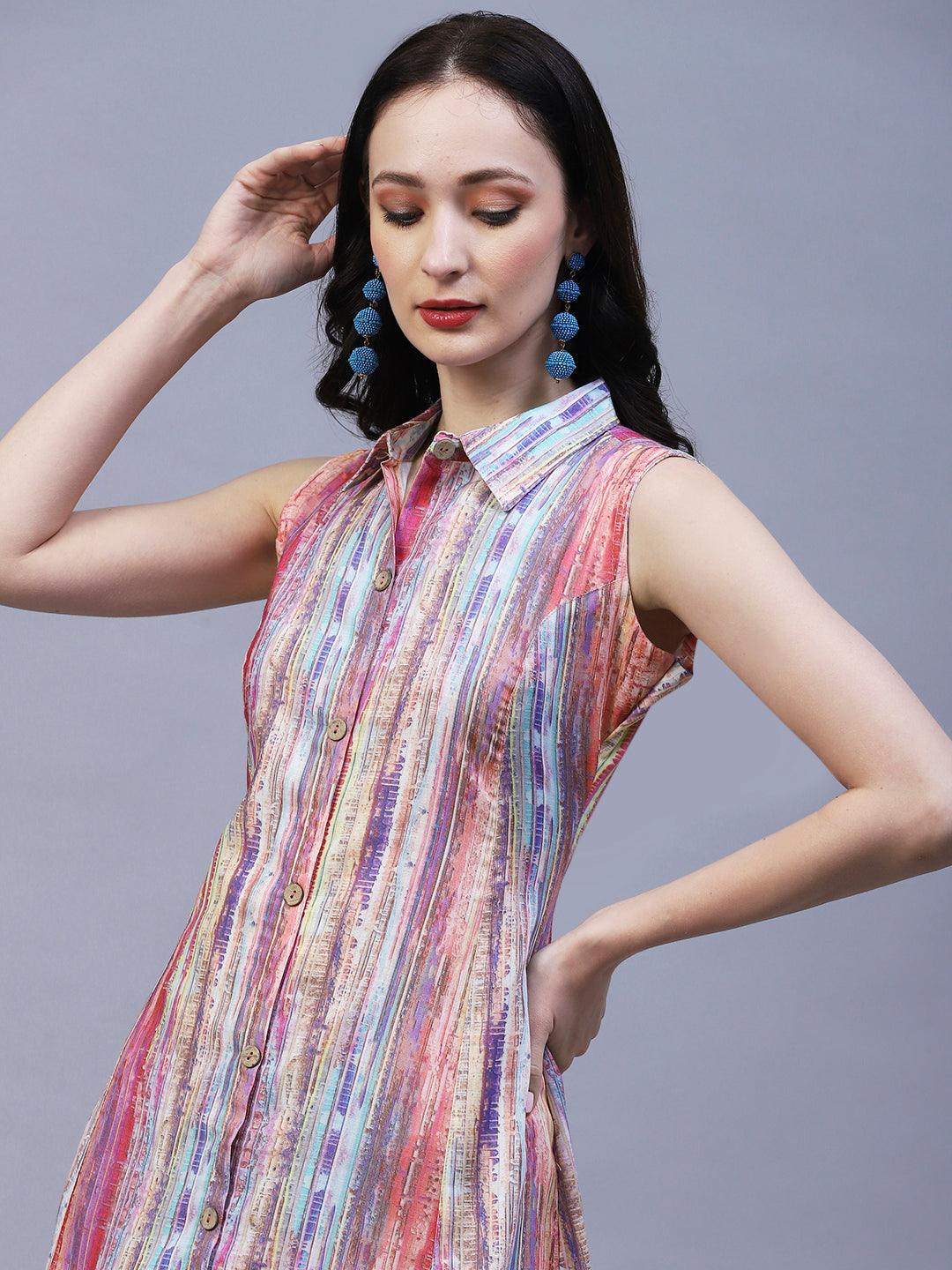 Abstract Stripes Printed A-Line Midi Dress - Multi - Indiakreations