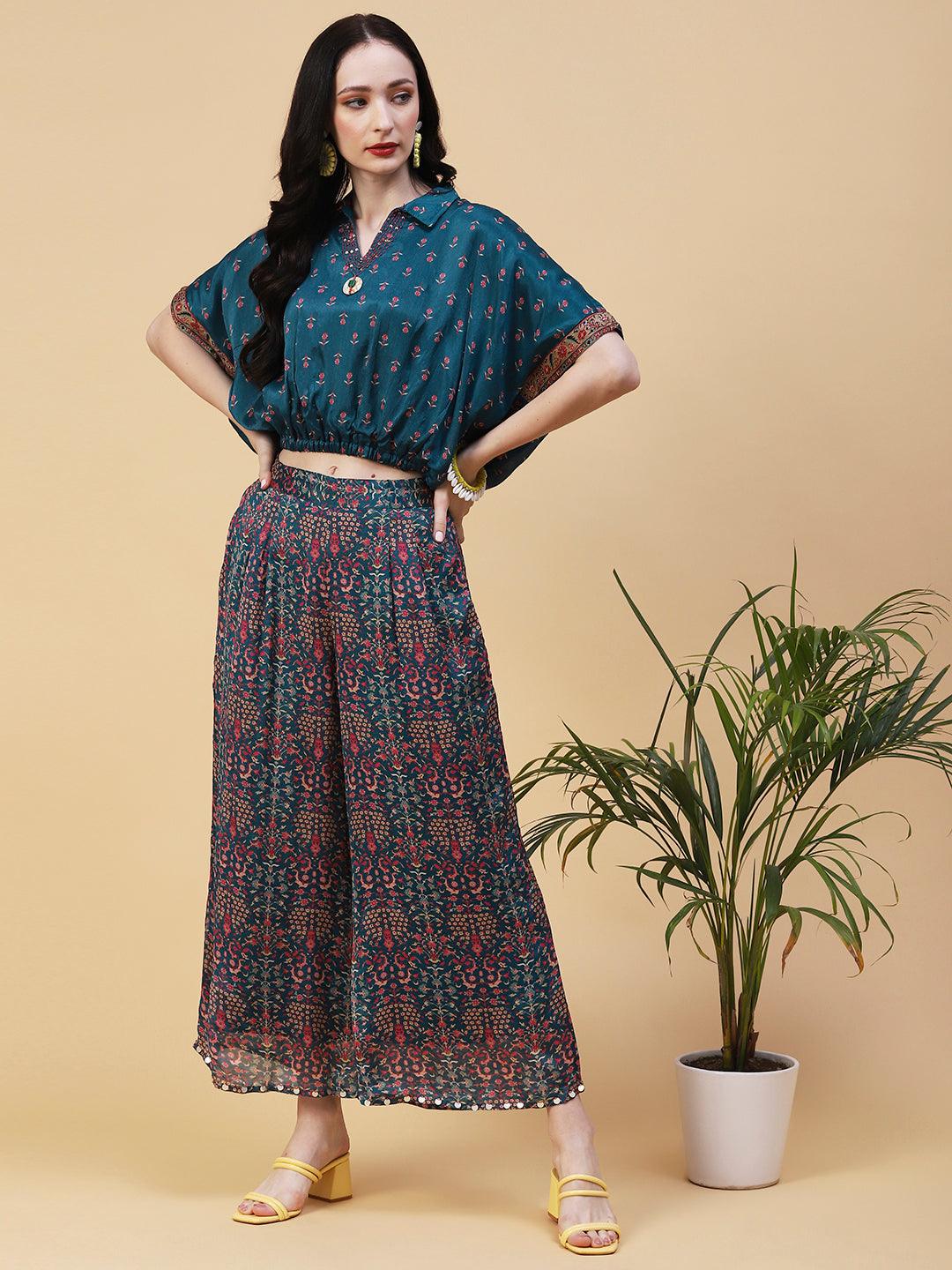 Floral Printed Resham & Beads Embroidered Kimono Crop Top With Floral Palazzo - Blue - Indiakreations